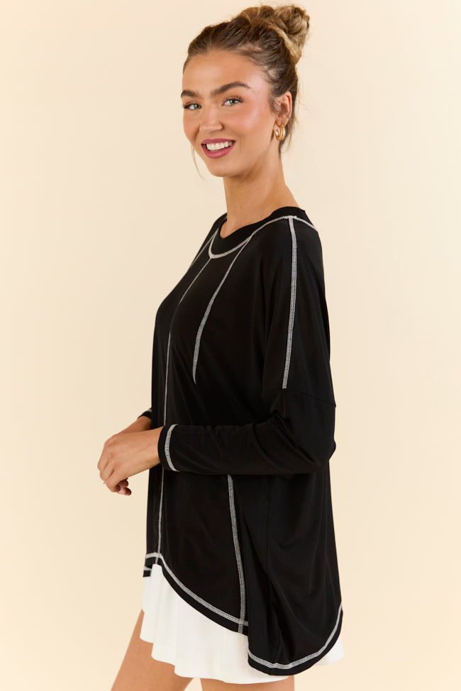 Play On Black Long Sleeve Split Back Top - Women's Fashion T-Shirt for Casual Wear, Night Out & Street Style
