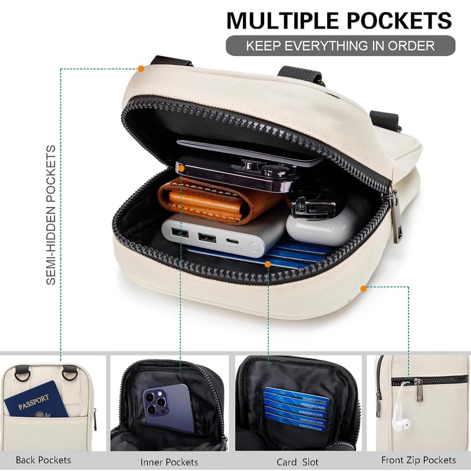 ANPTER Men's Crossbody Bag - Lightweight Small Shoulder Sling Purse with 2 Adjustable Straps, Convertible Multi-Position Design for Daily Use & Outdoor Activities | Perfect for Travel, Work, and Casual Outfits (Beige)