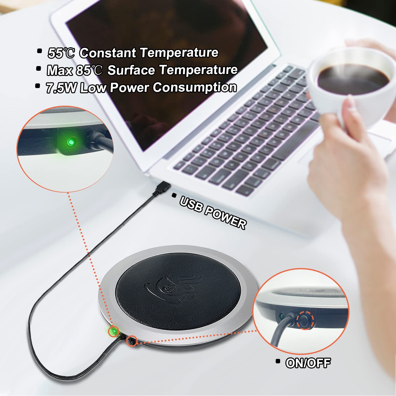 MEDOYOH USB Cup Warmer - PU Surface Tea Warmer Coaster with Thermostat & Auto Overheat Protection | USB Electric Beverage Warmer for Coffee, Tea, Milk | Perfect for Home, Office & Desk Use
