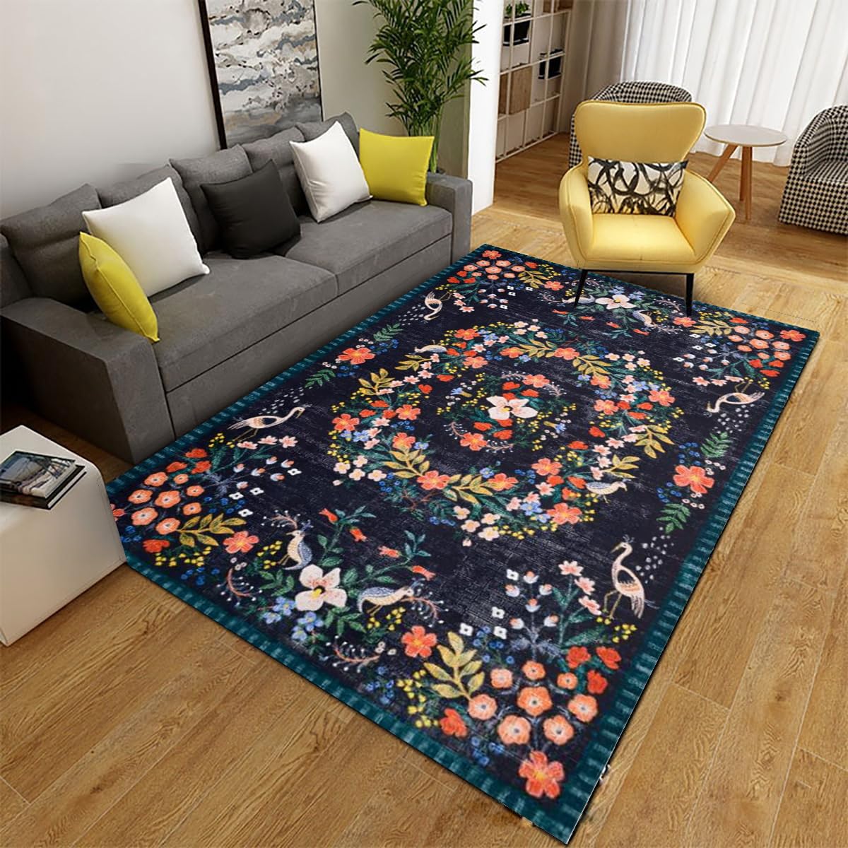 5'x8' Multicolor Floral Dark Navy Area Rug - Traditional Handmade Carpet for Living Room, Dining Room, Bedroom & Home Office - Soft Floor Mat for Comfort & Style