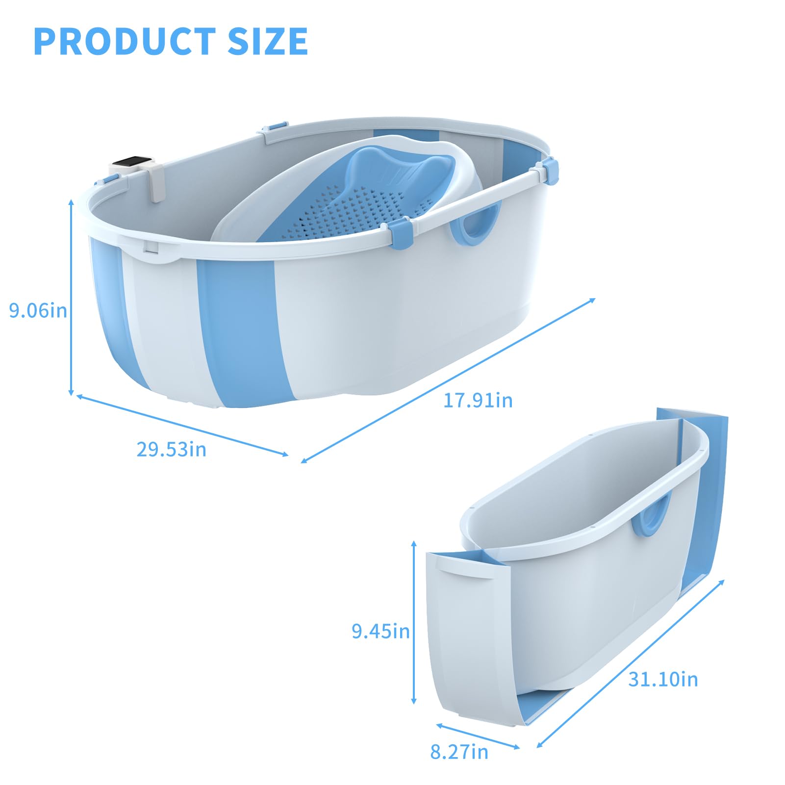 Foldable Baby Bathtub with Stand & Built-in Thermometer | Portable Infant Bath Tub with Drain Plug | Non-Slip Design for Newborns to 5 Years Old (Blue) | Perfect for Home, Travel & Daycare Use