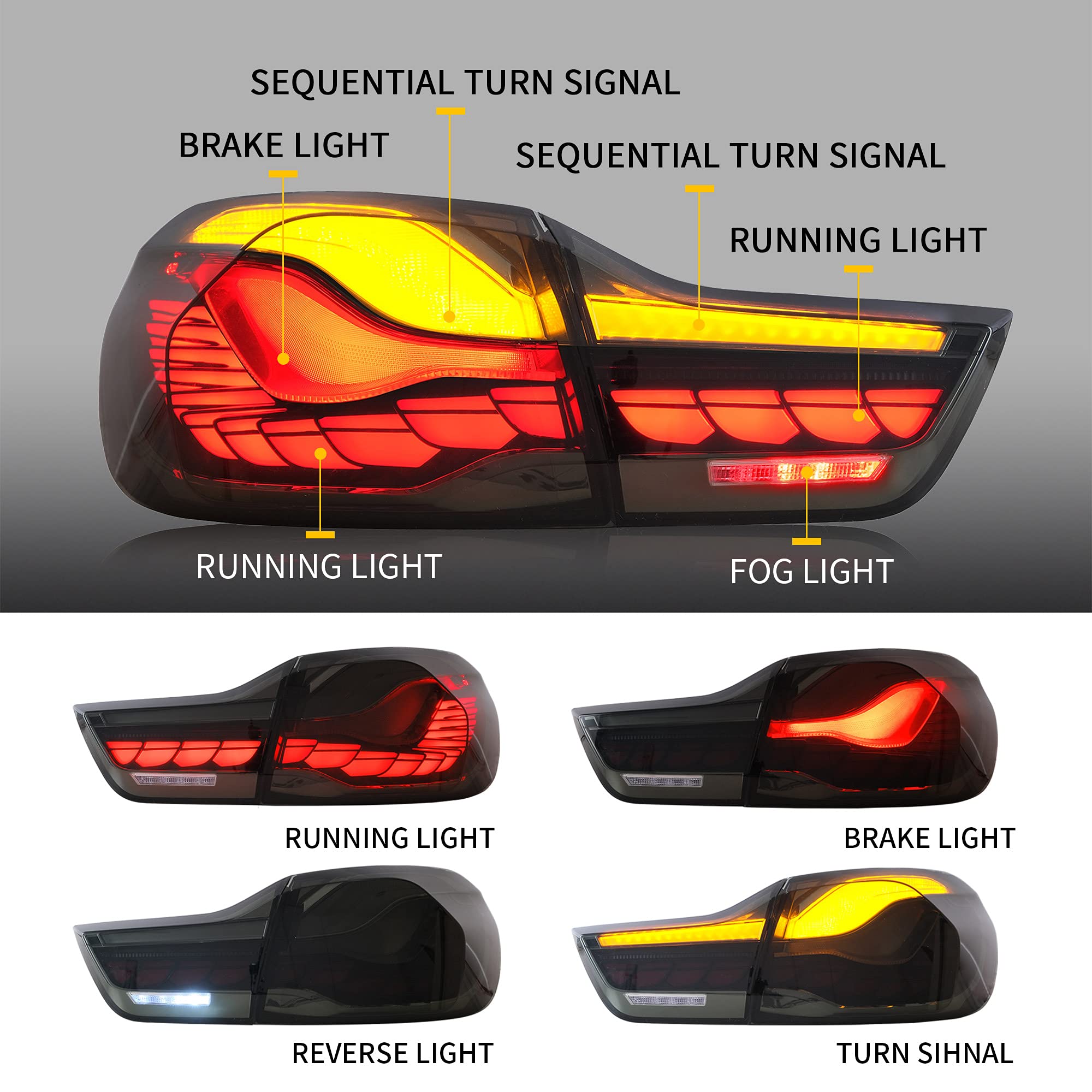 VLAND OLED 4 Series Smoked Tail Lights for BMW M4 GTS F32 F33 F82 F36 F83 (2014-2020) - Dynamic Dragon Scales Running Light - Sedan/Coupe/Convertible Upgrade - Enhance Night Driving Safety & Style