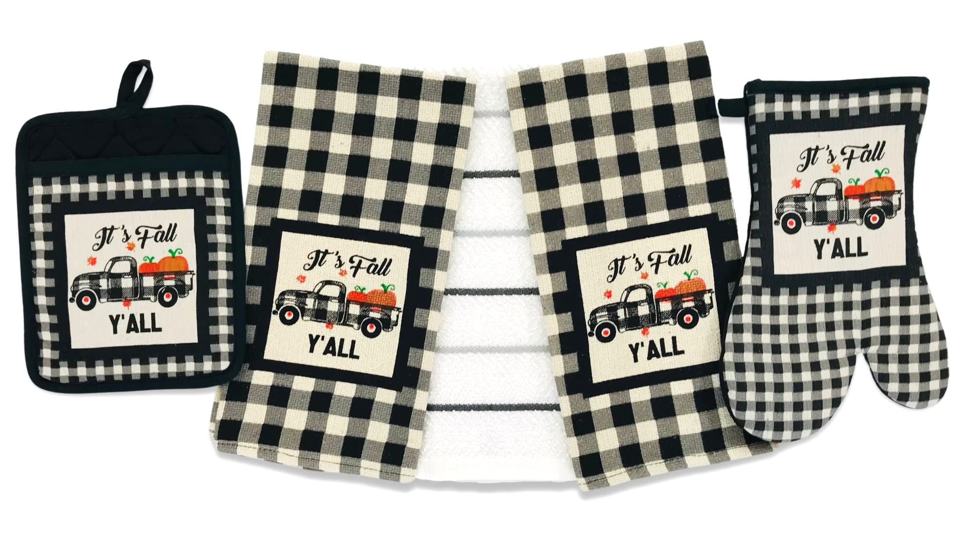 Serafina Home Fall Black Check Kitchen Towels and Pot Holder Set - 5 Piece Farmhouse Country Pumpkin Truck Design (3 Towels, 1 Pot Holder, 1 Oven Mitt) - Perfect for Thanksgiving, Autumn Decor & Farmhouse Style Kitchens