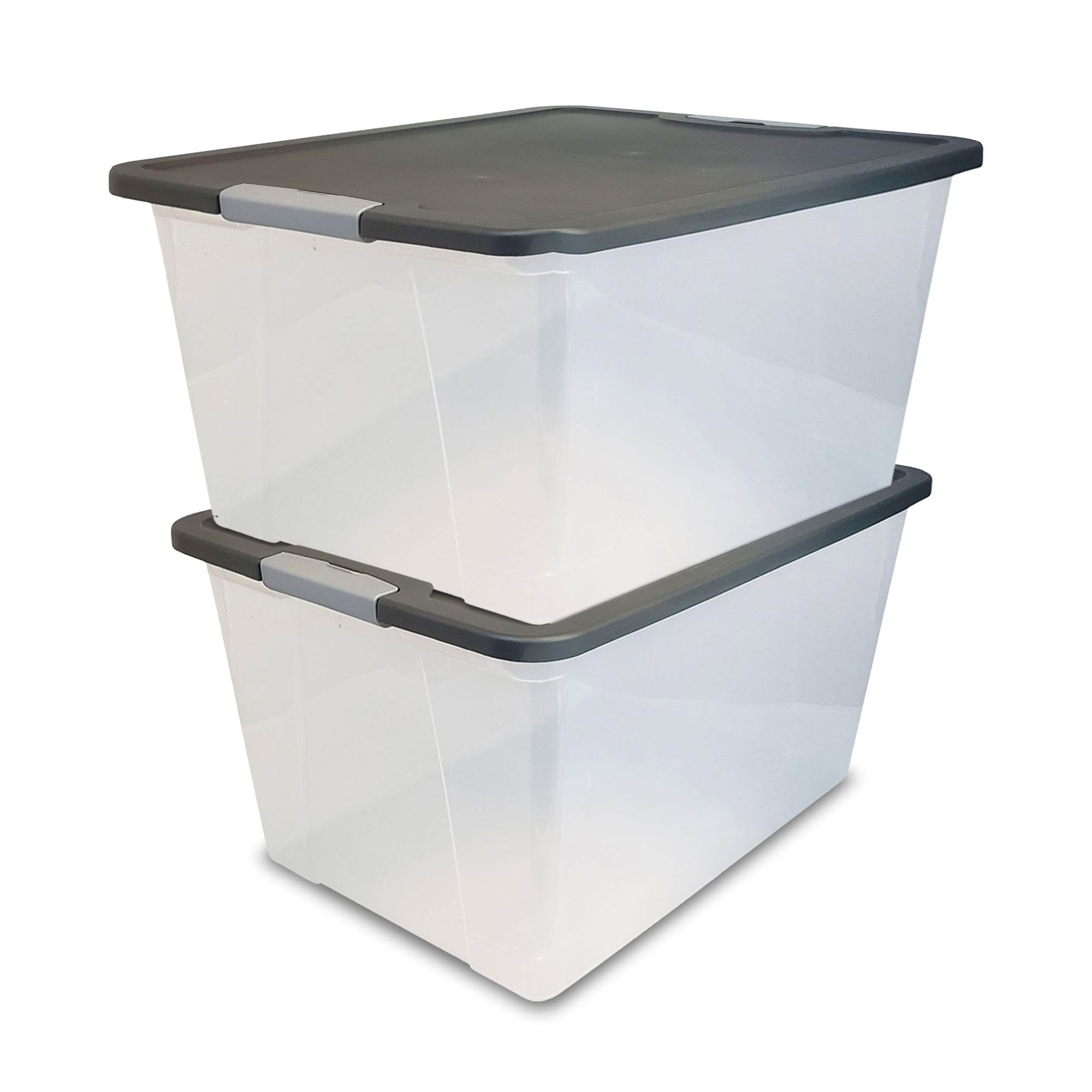 HOMZ 2-Pack 64 Quart Clear Plastic Storage Bins with Secure Latches & Gray Lids - Perfect for Home Organization, Pantry Storage, and Garage Shelving