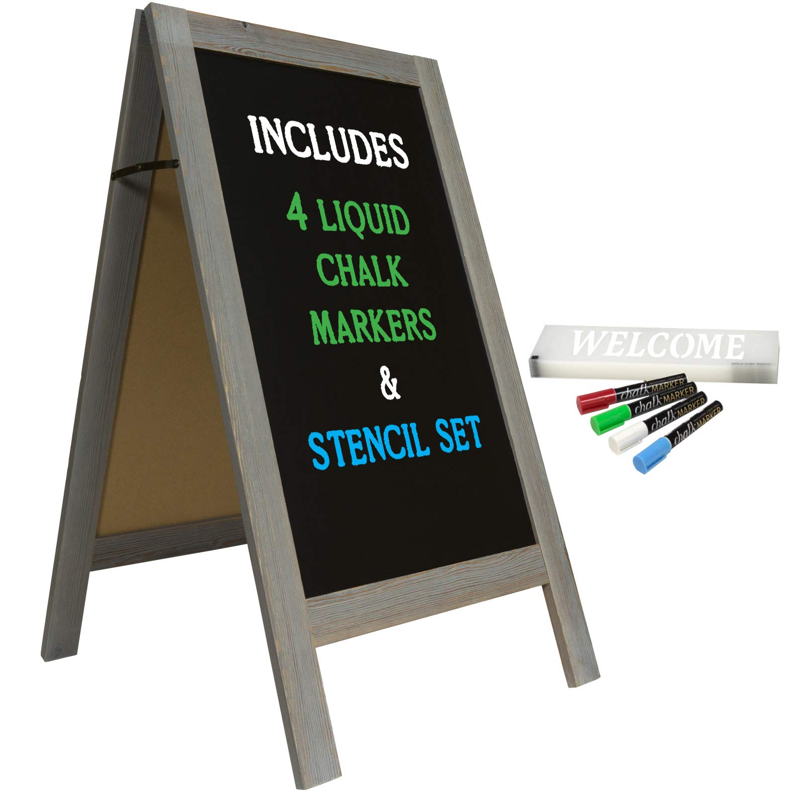 Handcrafted 40x20 Inch Wooden A-Frame Chalkboard Sign - Includes 4 Liquid Chalk Markers & Stencil Set - Sturdy Sidewalk Sandwich Board for Restaurants, Cafes & Retail Stores - Whitewash Grey Standing Chalkboard Display