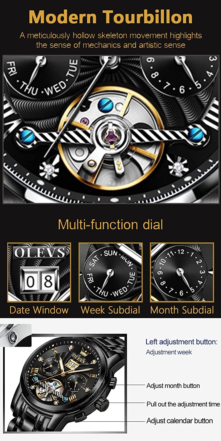 OLEVS Men's Automatic Skeleton Watch - Self-Winding Mechanical Watch with Luminous Hands, Waterproof, Diamond Accents, Week & Month Display - Perfect for Business, Dress & Casual Wear