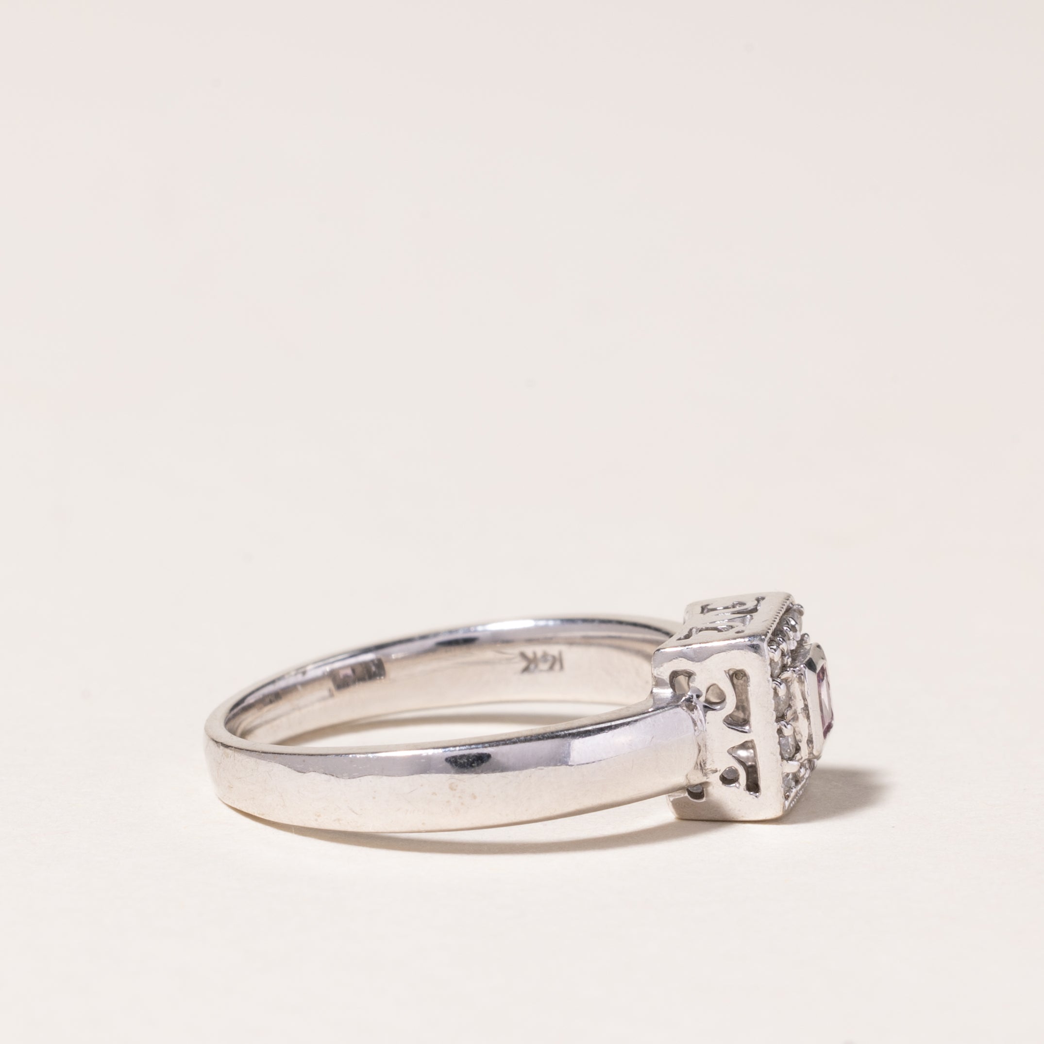14K White Gold Pink Topaz & Diamond Ring - 0.09ct Center Stone, 0.06ctw Diamond Accents, Size 6.5 | Elegant Engagement, Anniversary or Gift Jewelry for Women