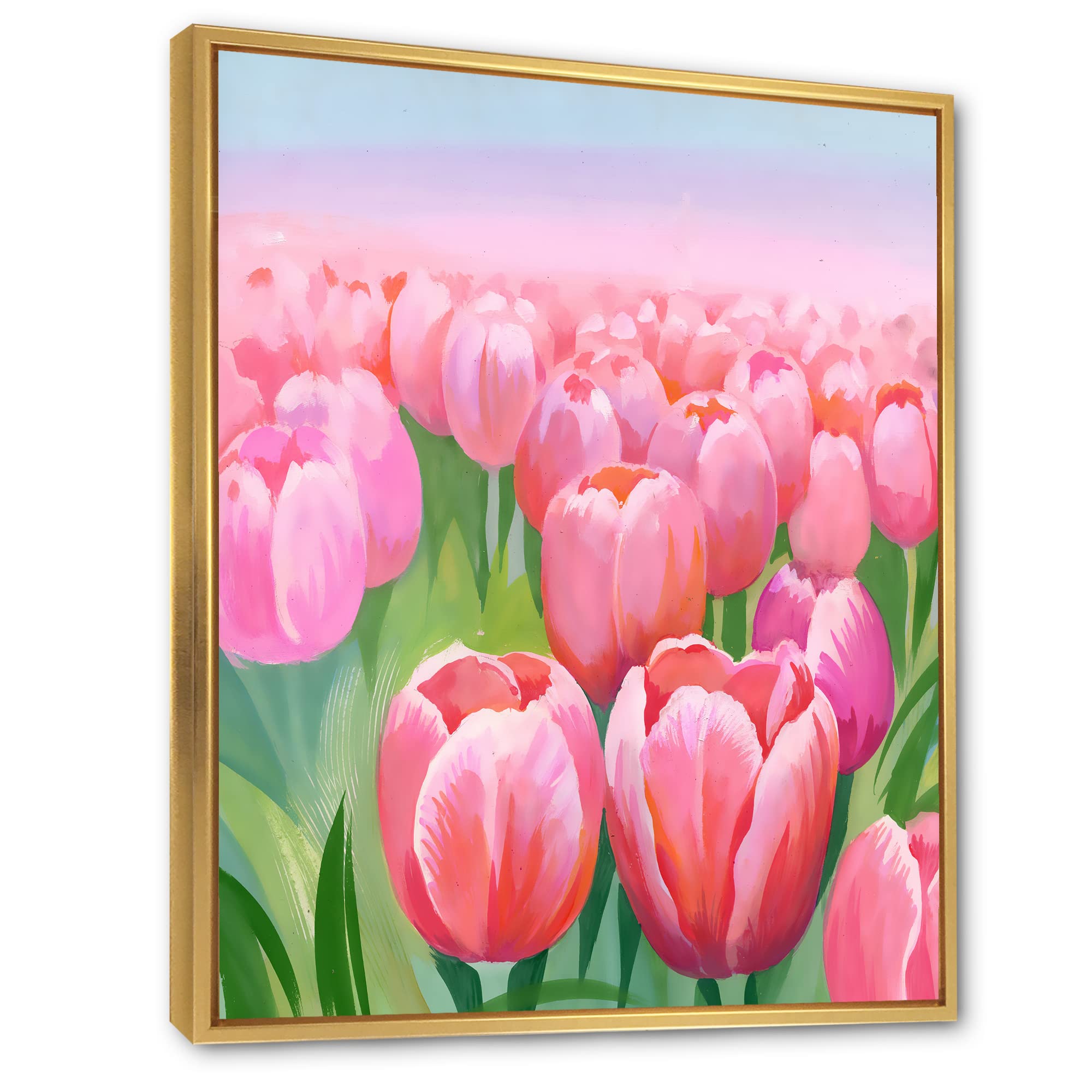 Field of Pink Tulips - Traditional Framed Canvas Wall Art Print - Home Decor for Living Room, Bedroom & Office