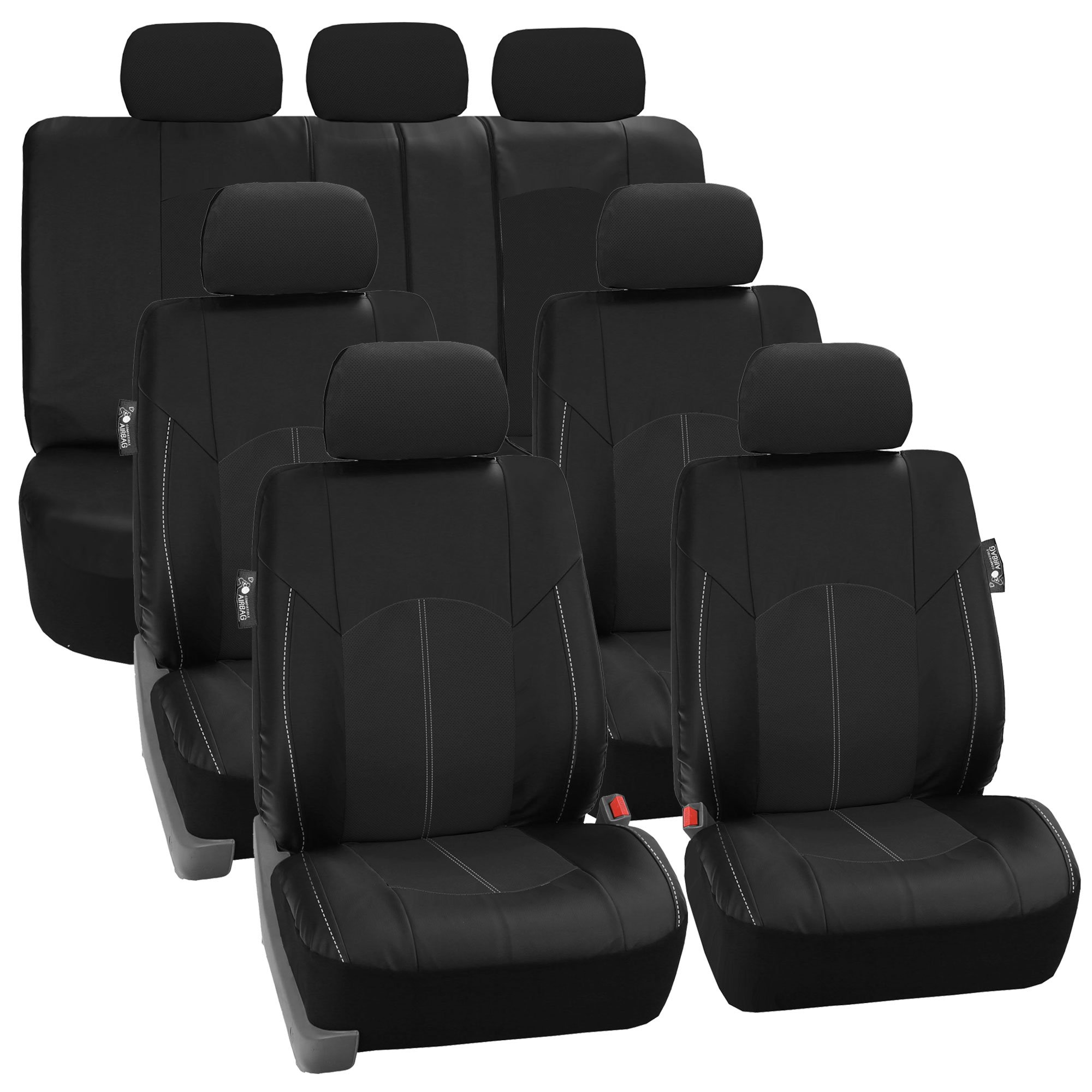 FH Group Perforated Leatherette 7-Seater Car Seat Covers - 3-Row Set, Airbag Compatible & Split Ready, Universal Fit for Cars, Trucks & SUVs (Black) | Premium Protection & Comfort for Family Road Trips, Daily Commutes & Outdoor Adventures