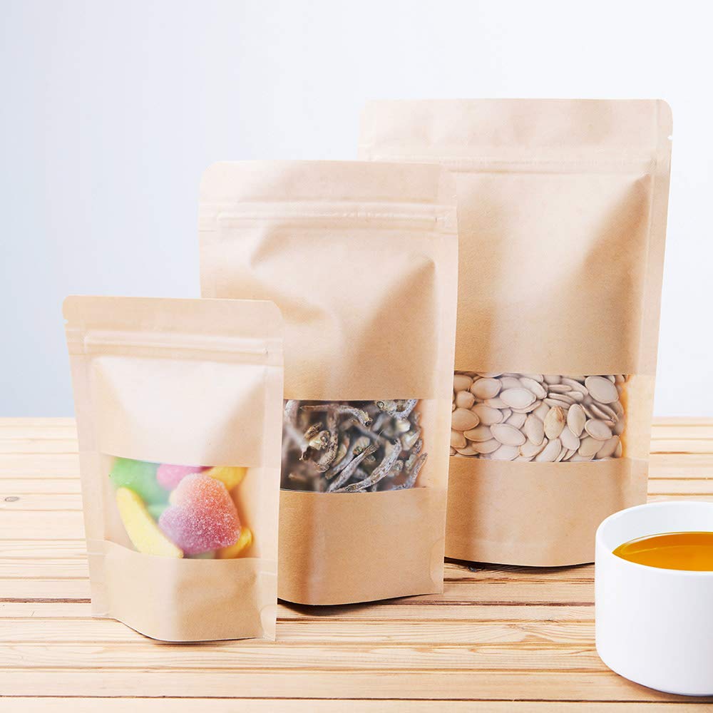 LZLPACKING 100 Pcs Brown Kraft Stand Up Pouches with Resealable Zipper & Window - 5.9×8.6 Inch Coffee Food Storage Bags for Home, Business, Snacks, Tea, Candy, Nuts & Dry Goods Packaging