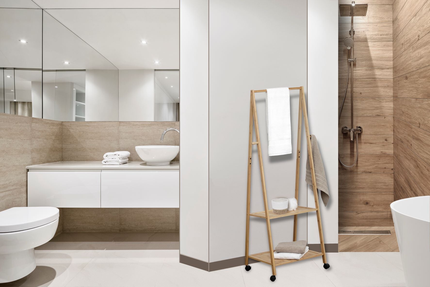 Portable Bamboo Clothes Rack with Wheels, Hanging Rail & 2 Shelves - Perfect for Bedroom, Laundry Room or Small Space Organization