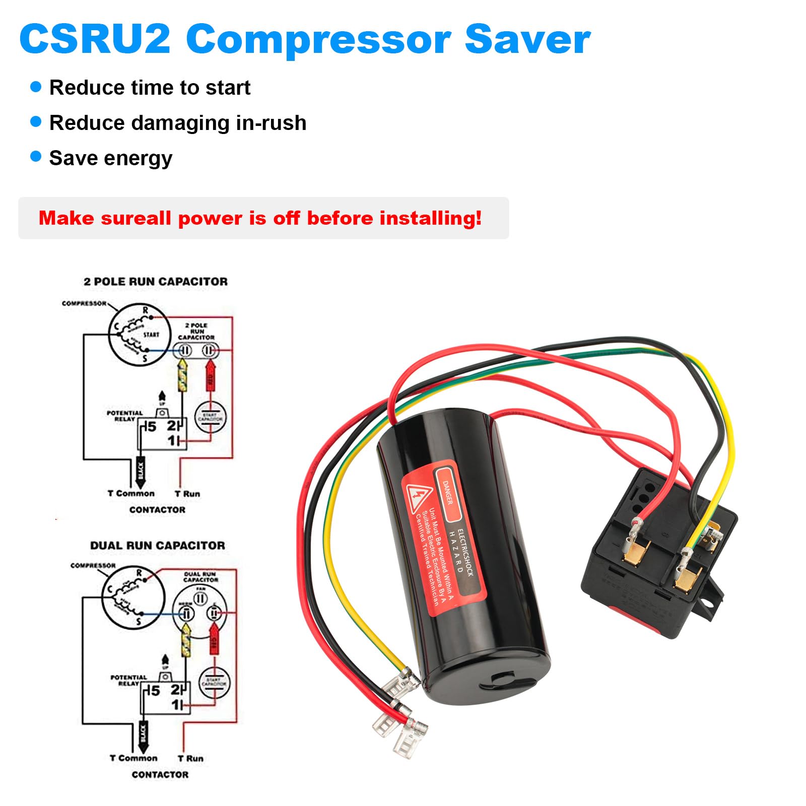 CSRU2 Hard Start Capacitor Kit for HVAC & Air Conditioners - Replacement Compressor Saver for 3.5-5 Ton Units - Improves AC Startup & Protects Compressor (Ideal for Home, Office & Commercial Use)