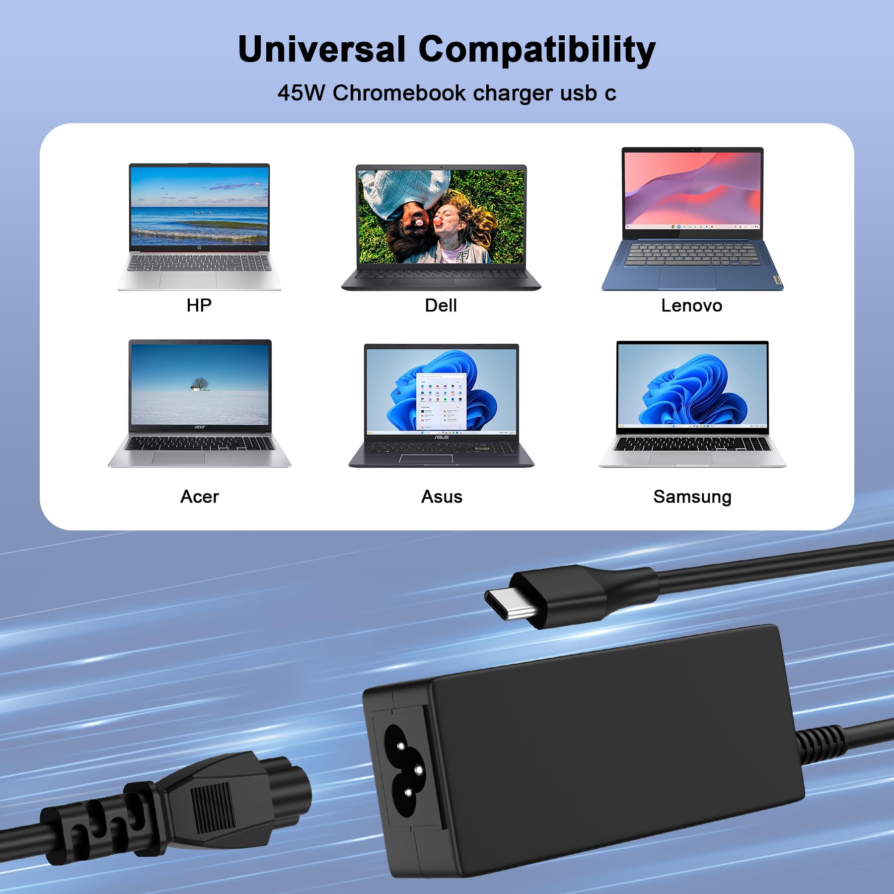 45W USB-C Laptop Charger for HP Chromebook - Fast Charging Power Adapter for HP Chromebook 11/14/15, Perfect for Home, Office & Travel Use