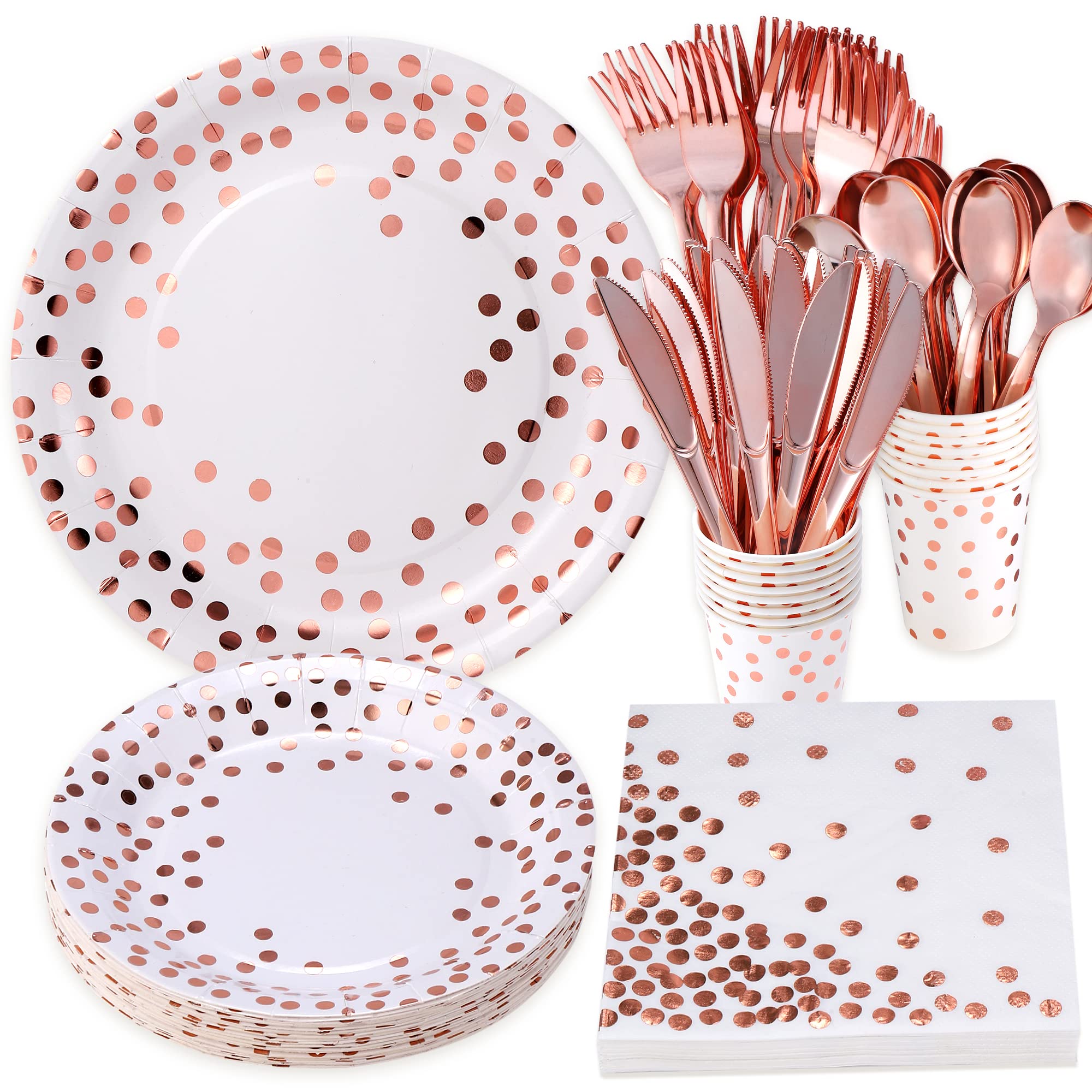 175-Piece Rose Gold Party Supplies Set - Disposable Dinnerware with White & Rose Gold Dots - Plates, Napkins, Cups, Forks, Spoons & Knives for 25 Guests - Perfect for Weddings, Birthdays & Bridal Showers - Elegant Tableware for Special Occasions