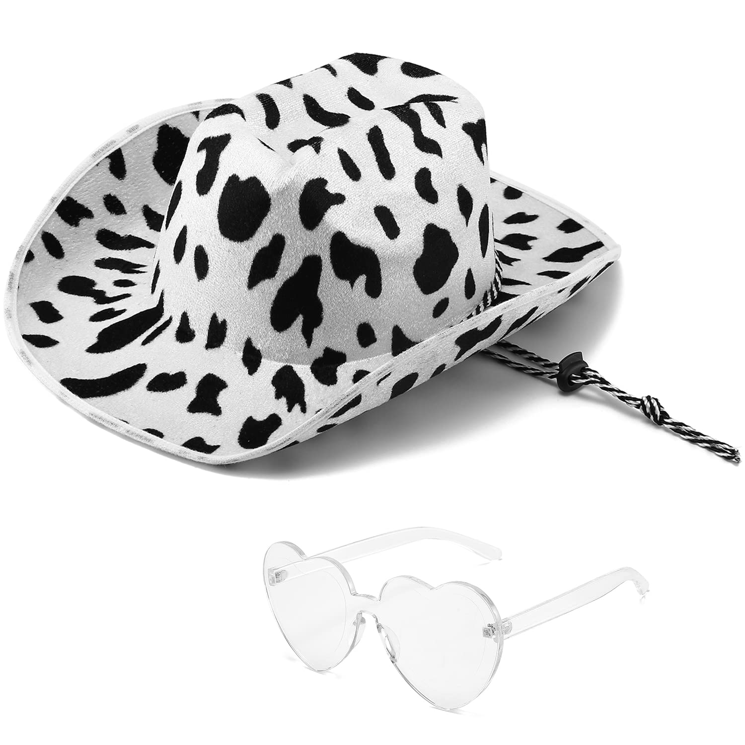 Dollger Cow Print Cowboy Hat for Women & Men - Fashionable White & Black Western Hat with Matching Clear Glasses | Perfect for Halloween, Costume Parties, Rodeo Events & Country Music Festivals