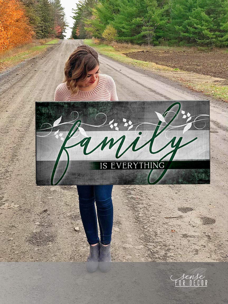 Family Is Everything Sign - Framed Wall Art Decor for Living Room, Farmhouse, Housewarming Gifts - Large Canvas Print (Green, 42x19) - Perfect for Home Decor, Wedding Presents & Cozy Interior Design