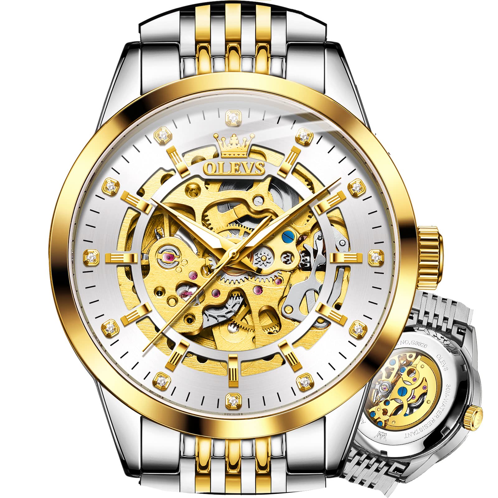 OLEVS Men's Automatic Skeleton Watch - Gold Mechanical Self-Winding Luxury Watch with Diamond Accents, Stainless Steel Dress Watch, 30M Waterproof, Luminous Hands - Perfect for Business, Formal Events & Gifts for Him