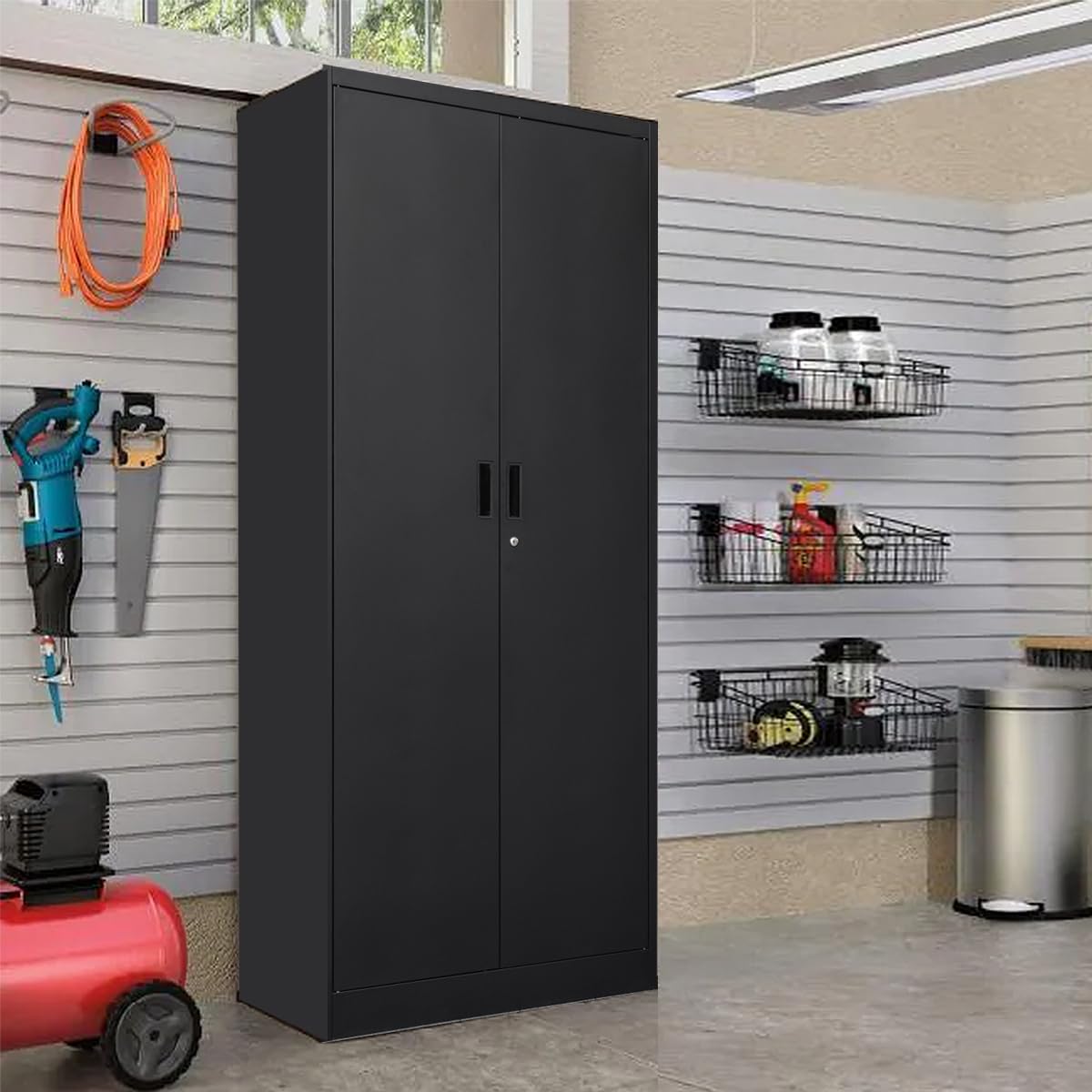 BESFUR 5-Shelf Metal Storage Cabinet with Adjustable Shelves & Locking Doors - Heavy Duty Garage, Office, Classroom Organizer (Black) - Perfect for Tools, Supplies & Equipment Storage