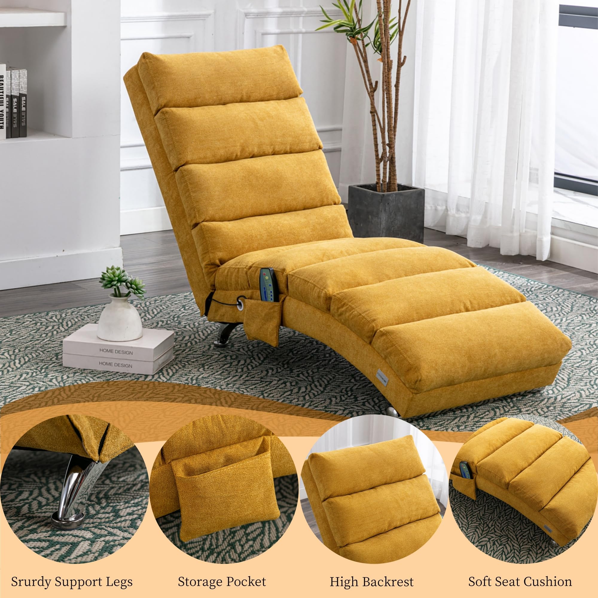Premium Linen Chaise Lounge Chair with Electric Massage & Recliner - Modern Upholstered Sleeper Sofa for Bedroom, Living Room & Office - Yellow | Perfect for Relaxation, Napping & Home Decor