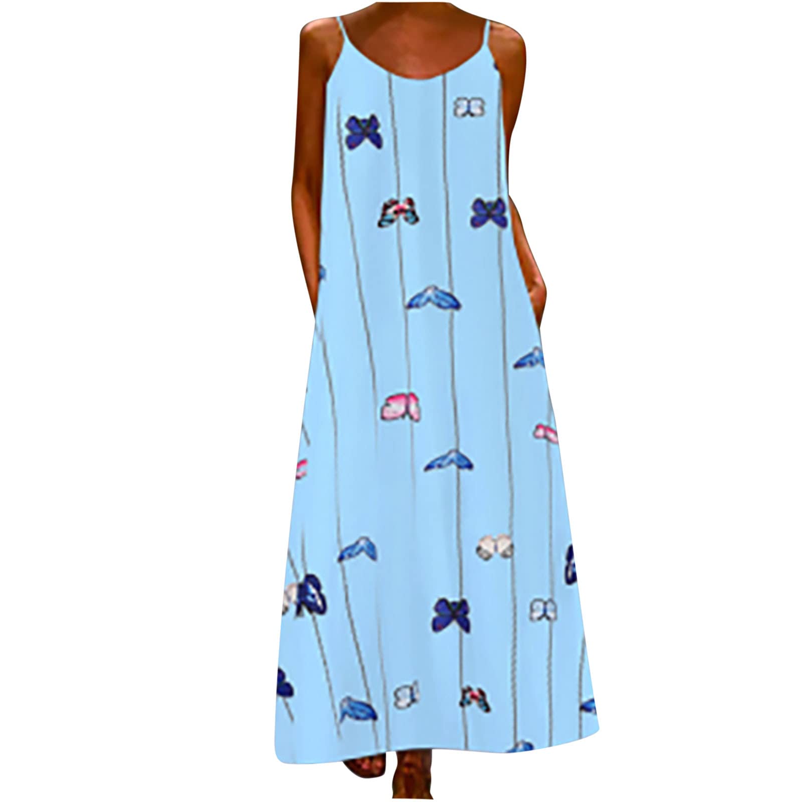 Butterfly Print Women's Summer Maxi Dress - Casual Spaghetti Strap Long Sundress with Pockets, Plus Size Flowy Beach Dress for Vacation, Party & Outdoor Activities
