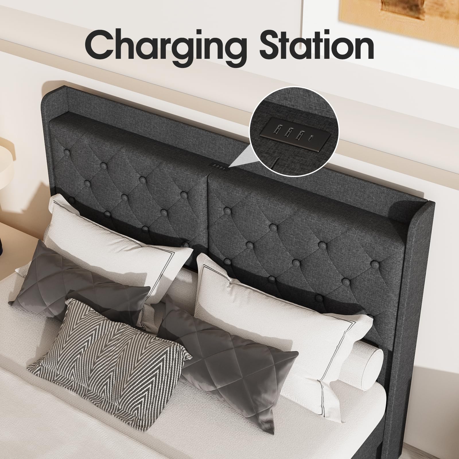 **Queen Size Upholstered Metal Bed Frame with Headboard & Charging Station - Sturdy Platform Bed with Under-Bed Storage, Easy Assembly, Quiet & Non-Slip - Perfect for Master Bedroom, Guest Room, or Dorm**