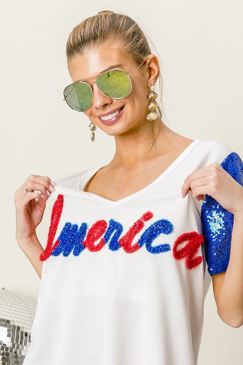 BiBi Metallic Letter V-Neck Sequin Sleeves Top for Women | Party Wear, Club Outfit, Evening Dress, Special Occasion Fashion