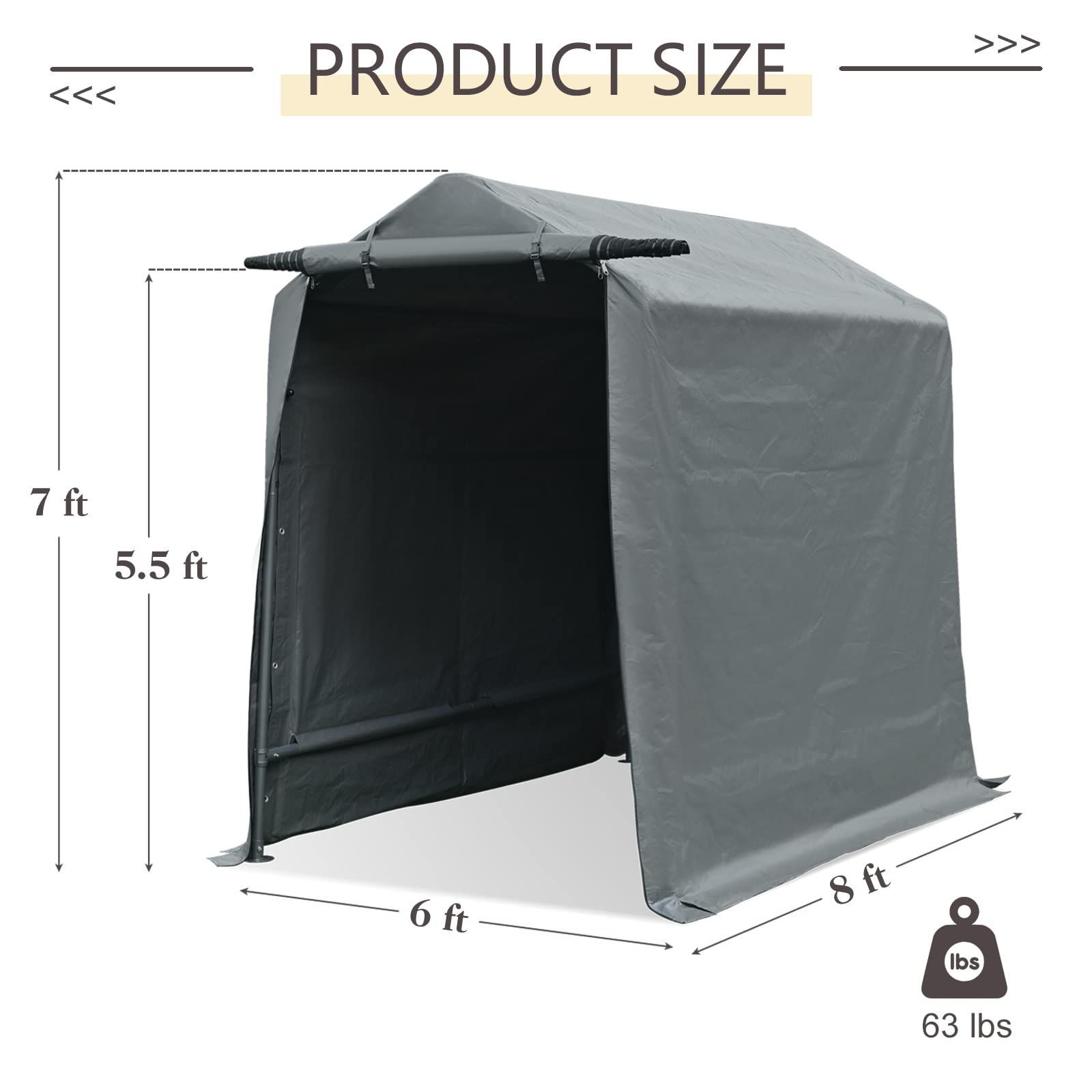 **Gardesol 6x8 ft Portable Storage Shelter - Waterproof & UV Resistant Outdoor Shed with Roll-Up Zipper Door for Bikes, ATVs, Motorcycles (Gray) - Perfect for Backyard, Garage, and Patio Storage**