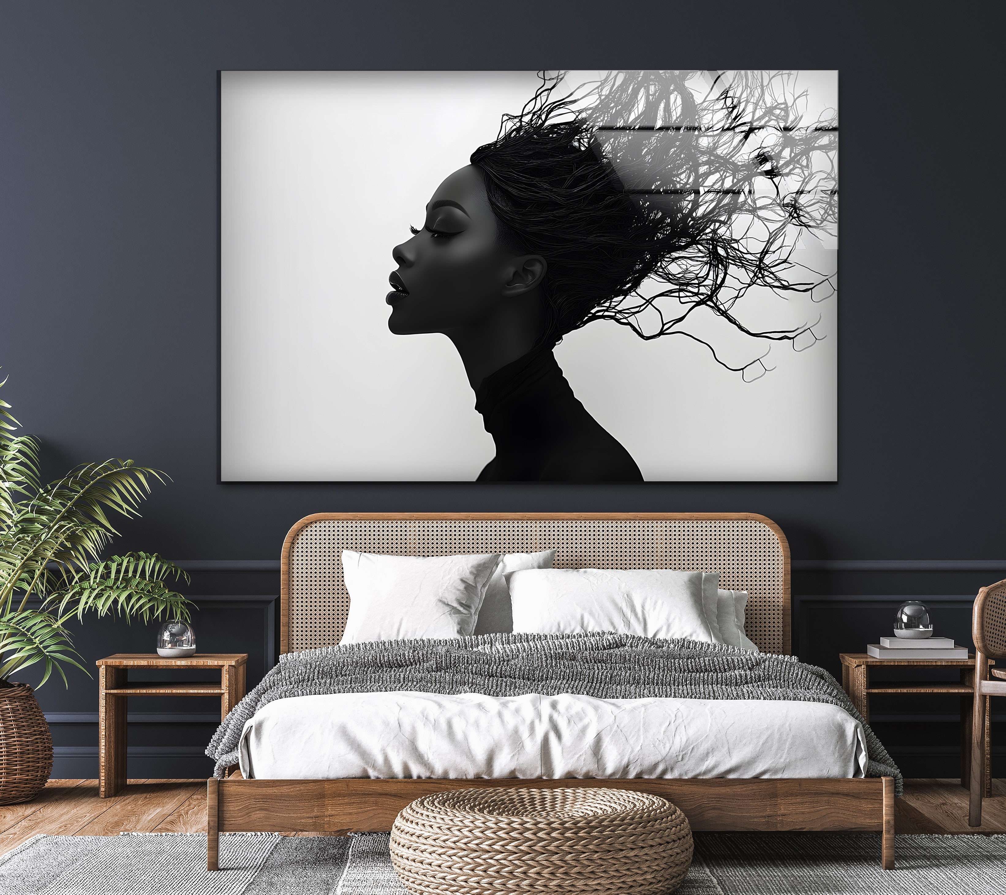 Abstract Black & White Portrait Wall Art - Elegant Woman with Flowing Hair Canvas Print for Modern Home & Office Decor | Living Room, Bedroom, Gallery Wall Display