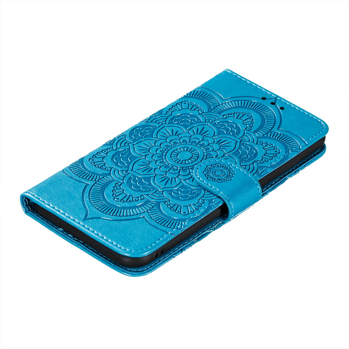 OOPKINS PU Leather iPhone 13 Mini Case - Mandala Blue Wallet Cover with Card Slot & Magnetic Stand for Work & Travel