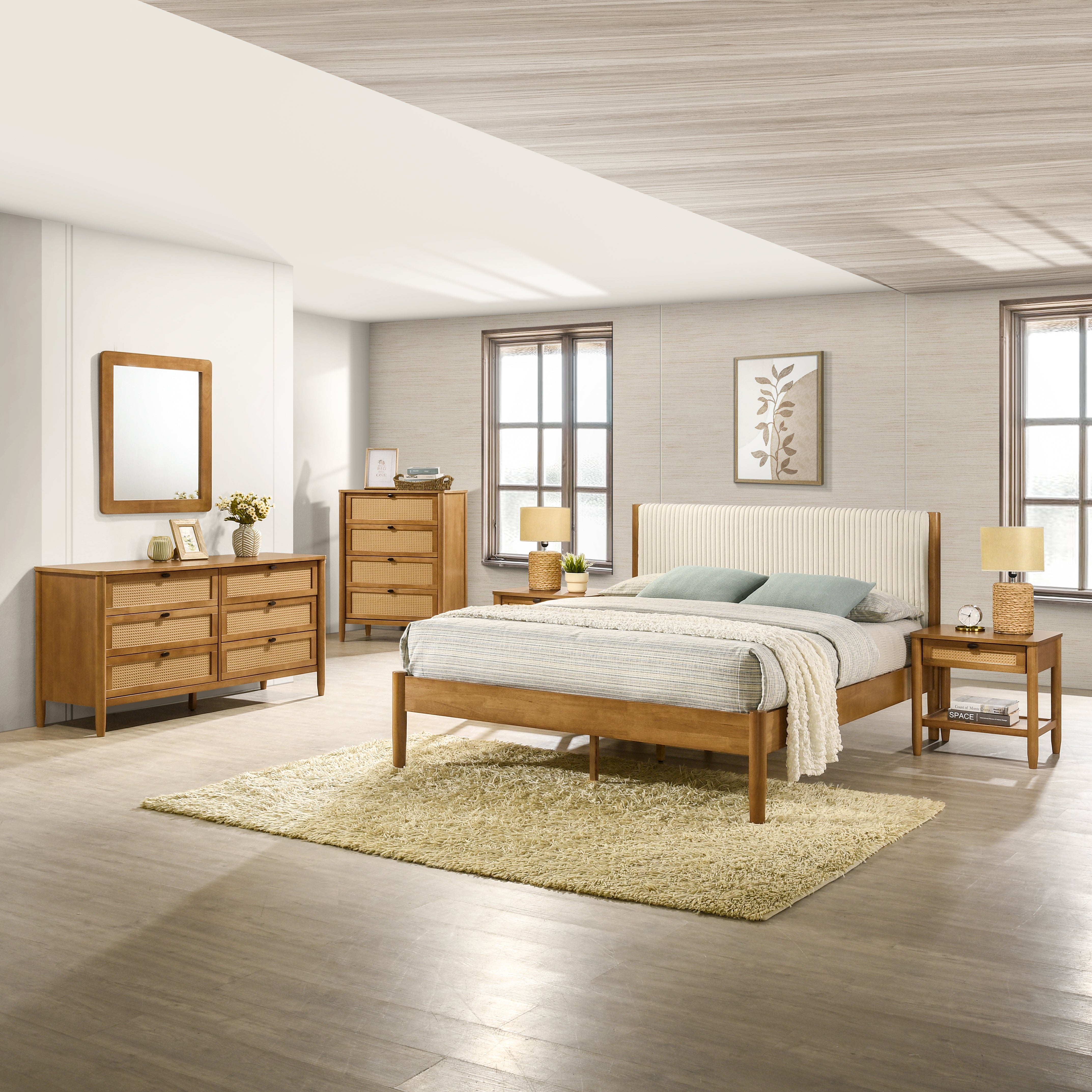 Roundhill Furniture Vichy Rattan Bedroom Set - Queen Size Light Walnut Finish Wicker Bed Frame & Nightstands - Perfect for Coastal, Boho & Farmhouse Style Bedrooms