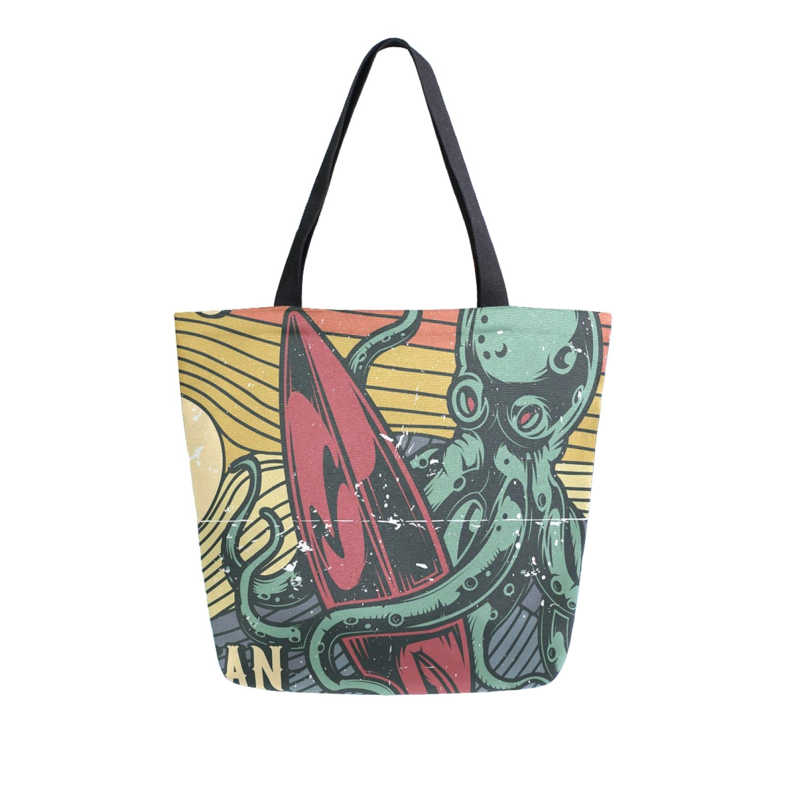Retro Octopus Kraken Catch Surfboard San Diego Grocery Reusable Canvas Tote Bag - Large Casual Shoulder Handbag for Women, Shopping, Travel & Outdoor Adventures | Perfect for Beach Trips, Grocery Runs & Daily Commute