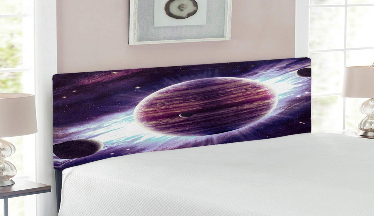 Ambesonne Galaxy Headboard - Queen Size Upholstered Metal Bed Frame with Memory Foam | Outer Space Theme Featuring Planets Saturn Mars Neptune | Science Fiction Solar System Art Print in Mauve Purple | Perfect for Bedroom Decor, Sci-Fi Lovers & Space-Themed Rooms