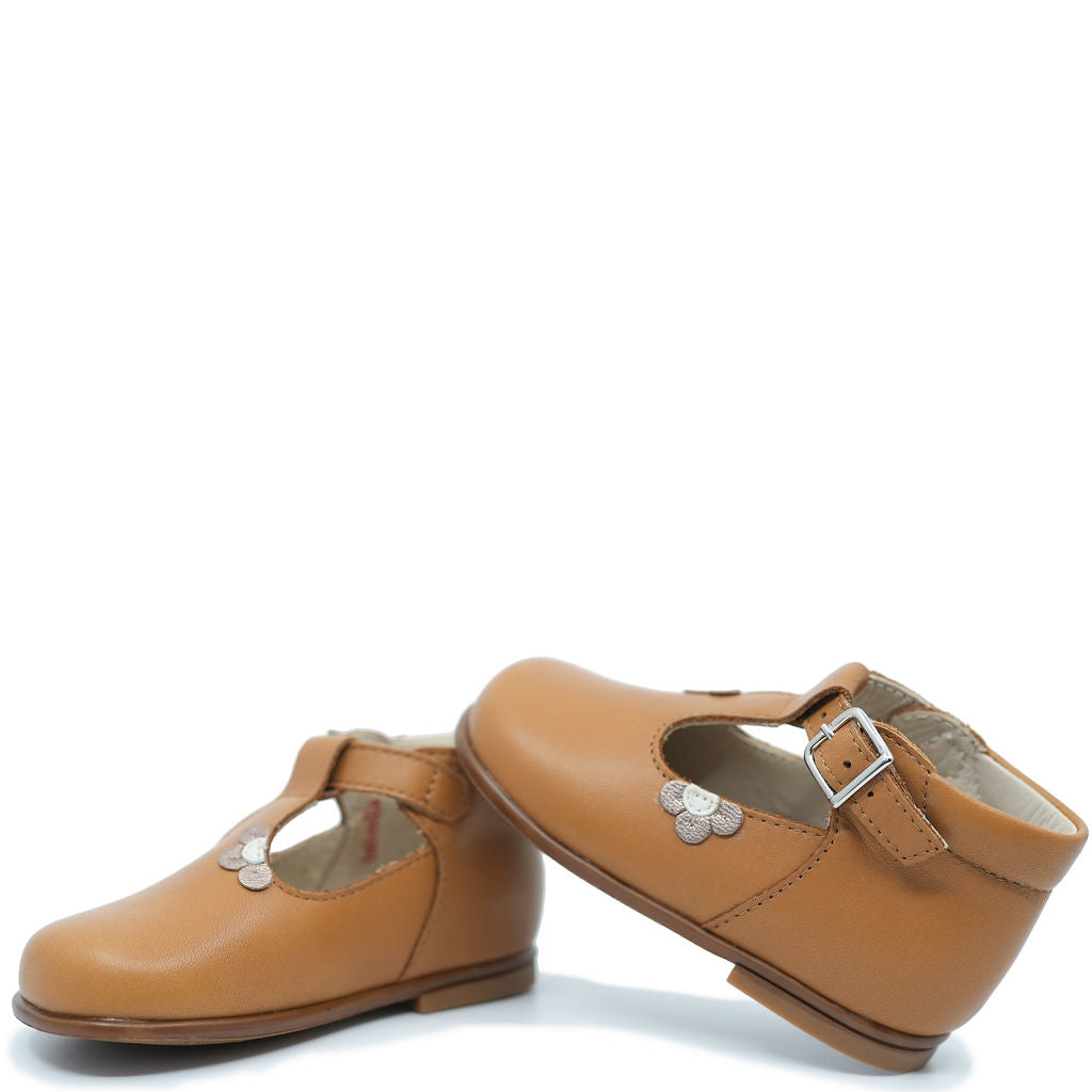 Beberlis Honey Flower T-Strap Baby Shoes for Girls - Soft Leather First Walkers with Non-Slip Sole - Perfect for Special Occasions & Daily Wear