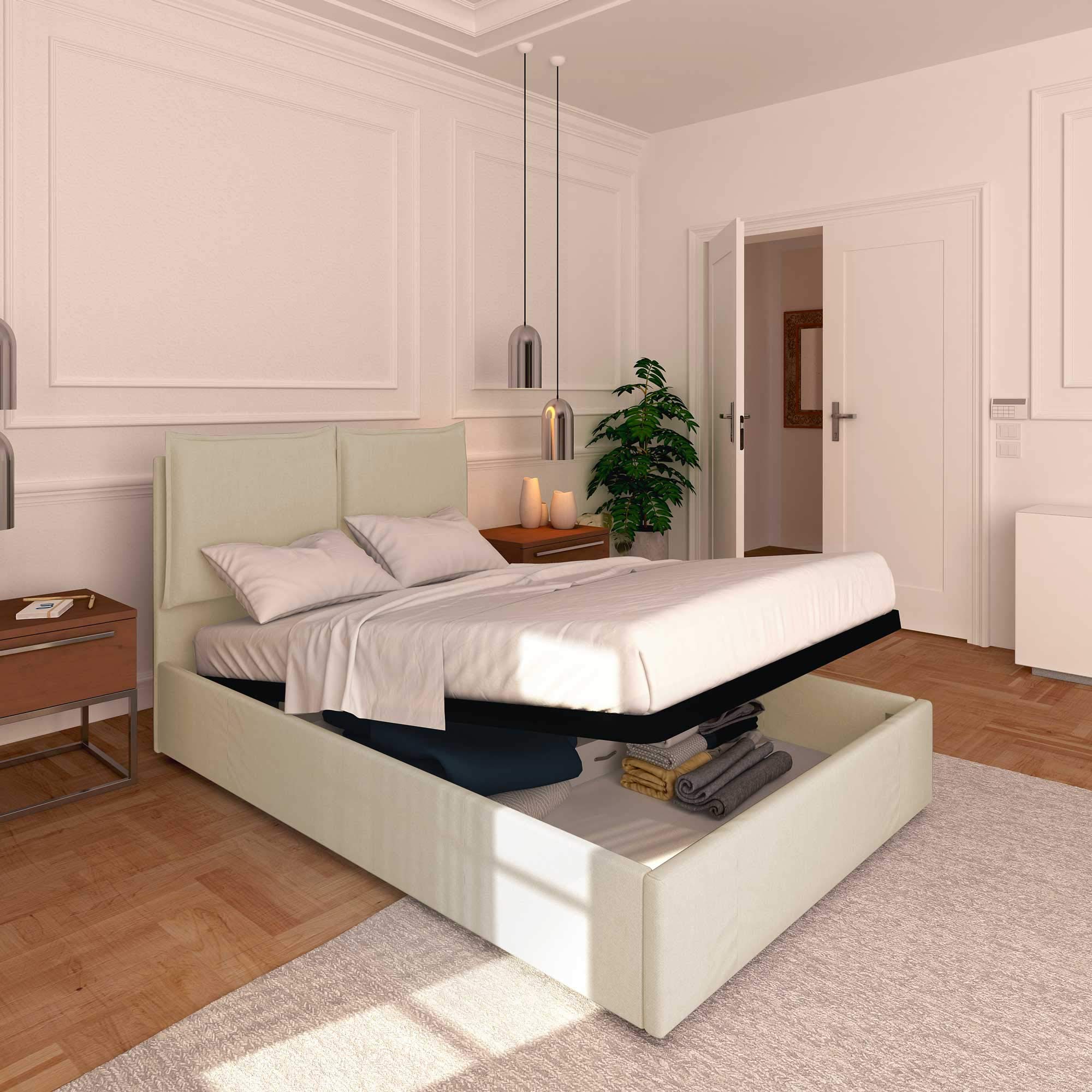 Baldiflex Licia Queen Size Storage Bed with Upholstered Headboard - Synthetic Leather, Slatted Base for 140x200cm Mattress, Beige - Perfect for Master Bedrooms & Guest Rooms