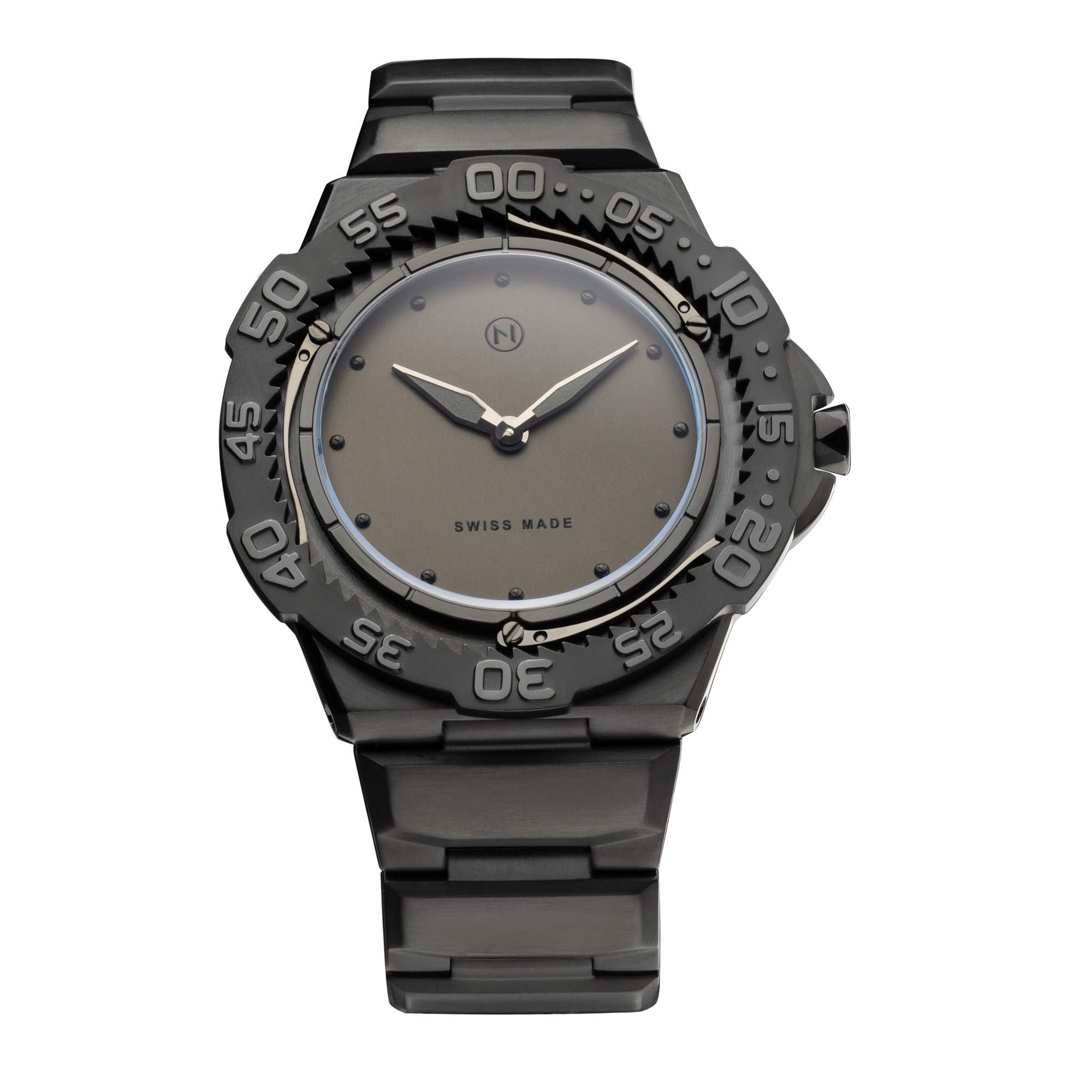 NOVE Trident Swiss Made Ultra Slim Dive Watch for Men & Women - 6.8mm Thin 200m Water Resistant Quartz Movement with Three Lever Stoppers & Stainless Steel Band (46mm) - Perfect for Scuba Diving, Swimming and Everyday Wear