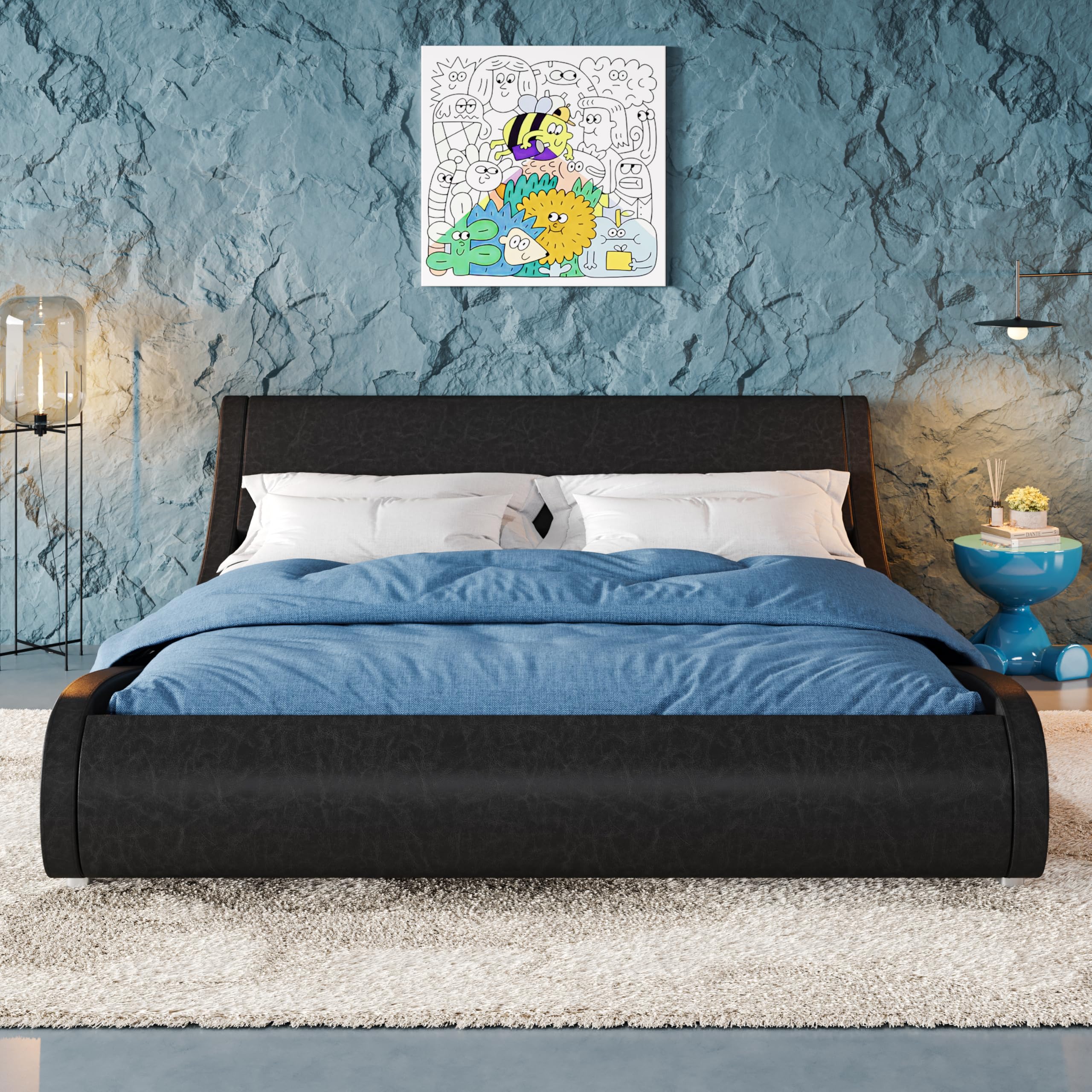 Allewie Upholstered Queen Size Platform Bed Frame - Modern Low Profile Sleigh Design with Adjustable Faux Leather Headboard | Wood Slat Support | No Box Spring Needed | Easy Assembly | Glossy Black | Perfect for Small Bedrooms & Contemporary Home Decor