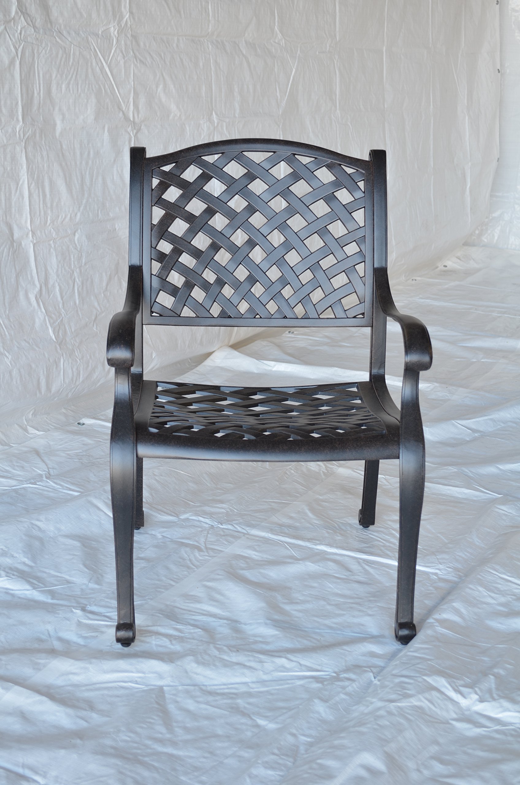 Dark Bronze Cast Aluminum Outdoor Patio Dining Chairs Set of 4 with Walnut Cushions - Durable Weather-Resistant Garden Furniture for Backyard, Poolside & Restaurant Use