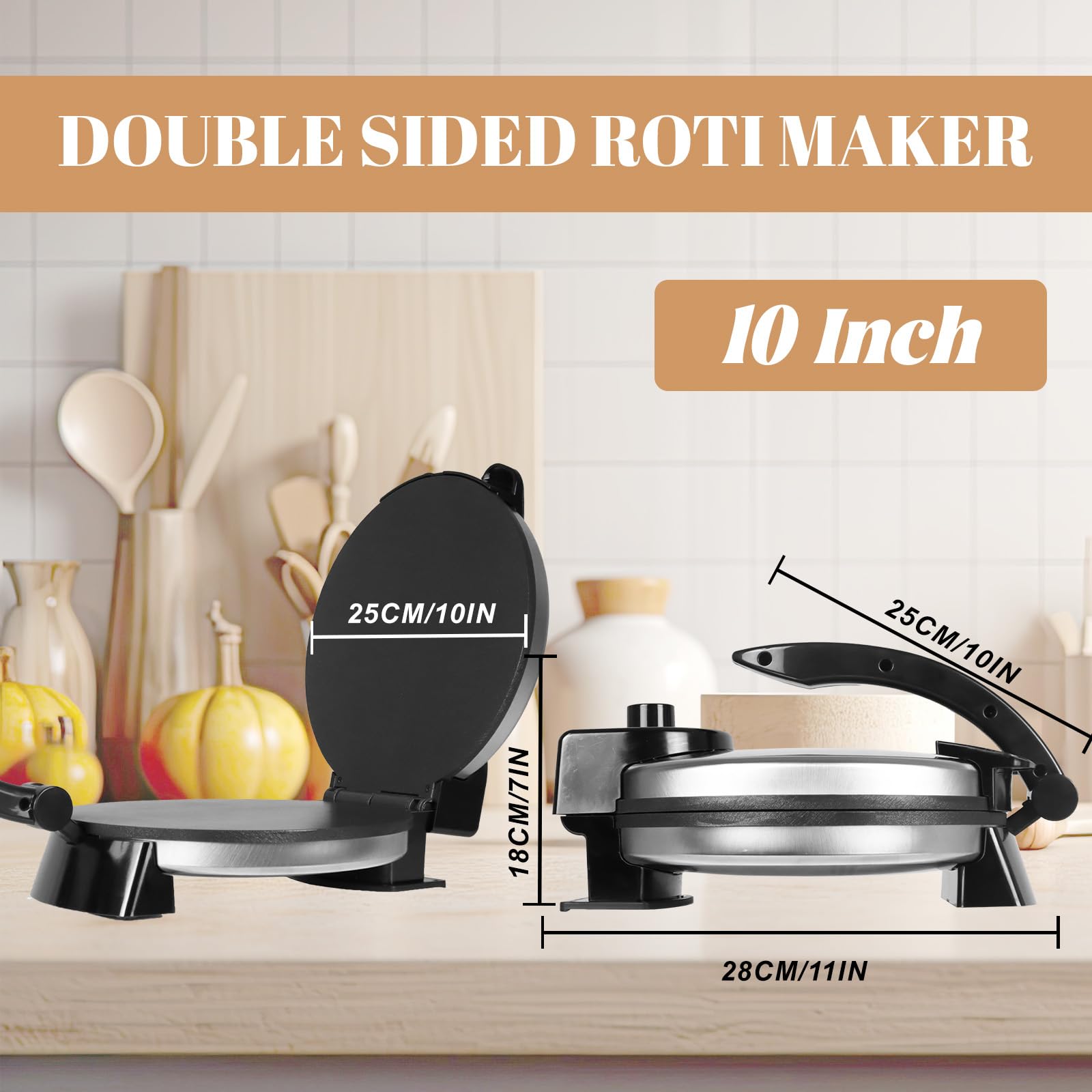 Electric Roti Maker Machine - 10 Inch Stainless Steel Non-Stick Tortilla Press for Chapati, Naan & Flatbread | Perfect for Indian Cuisine, Mexican Dishes & Home Cooking