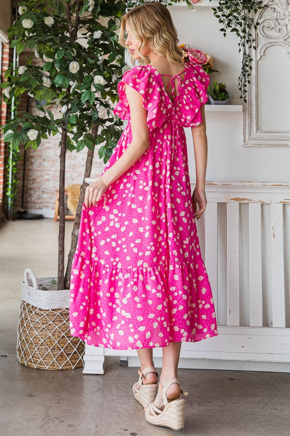 Reborn J Printed V Neck Ruffle Trim Tiered Midi Dress - Floral Summer Dress for Women, Casual Party & Wedding Guest Outfit