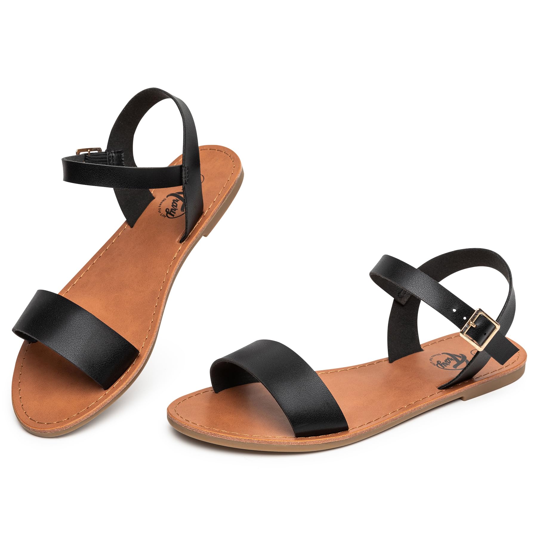Stylish Women's Leather Gladiator Sandals with Adjustable Metal Buckle - Comfortable Flat Summer Sandals for Wedding & Dressy Occasions | Open Toe Two-Tone Ankle Strap Design - Perfect for Beach Vacations, Date Nights & Outdoor Events