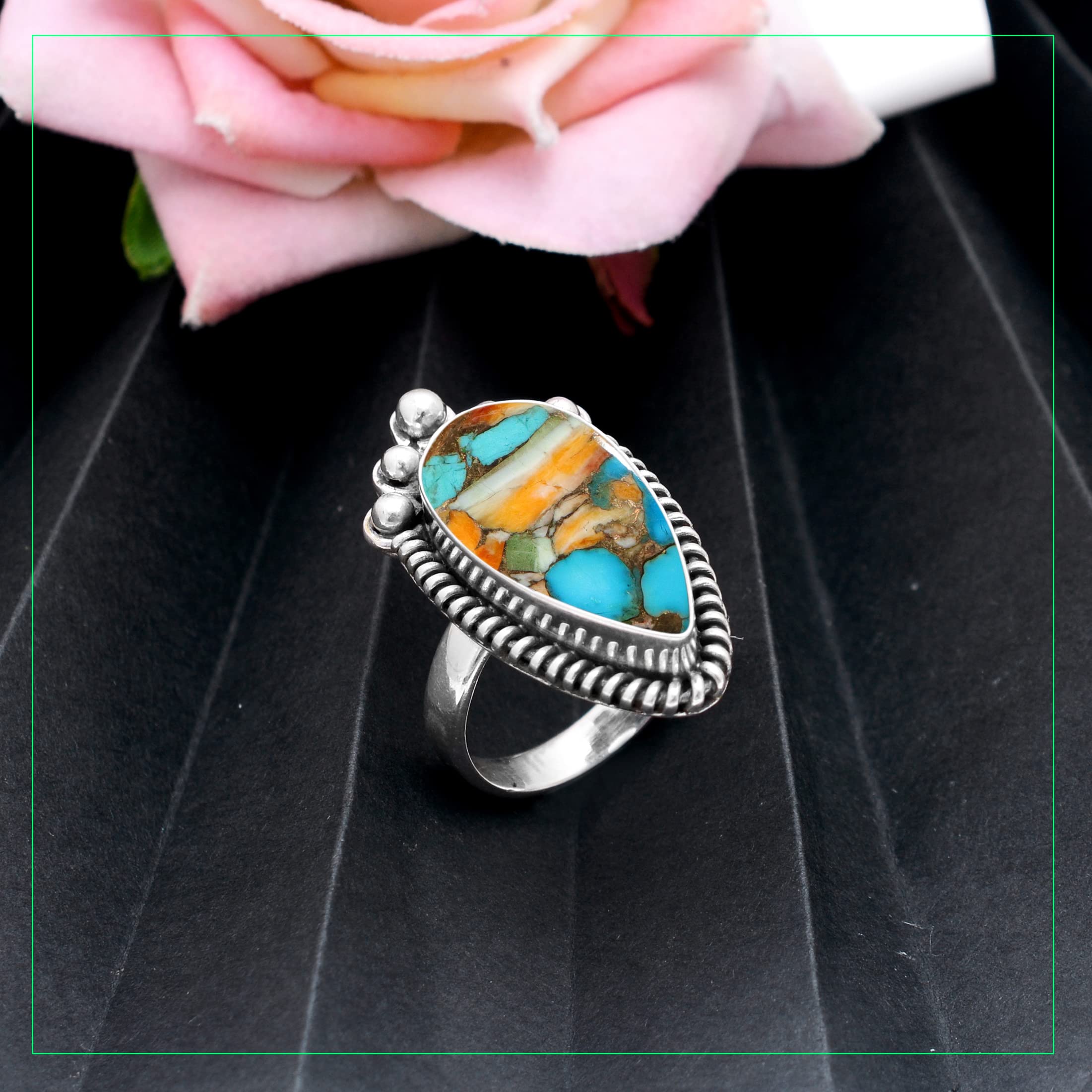 Veracity Jewelry Women's 925 Sterling Silver Oyster Copper Turquoise Ring - Kingman Mojave Spiny Oyster Healing Meditation Jewelry - Multi-Color Gemstone Ring for Everyday Wear & Spiritual Practice (VSR-473)