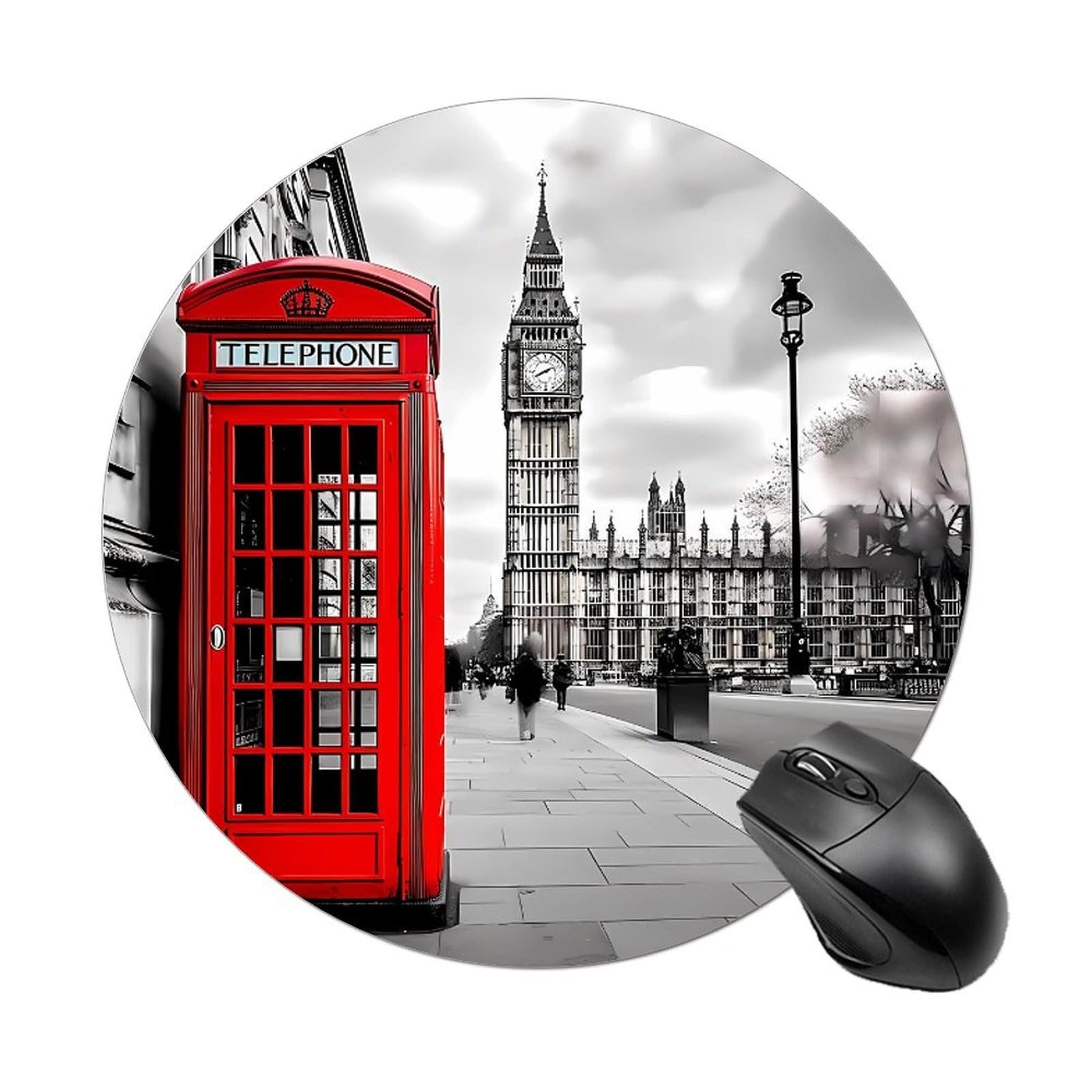 London Telephone Booth & Big Ben Themed Round Mouse Pad - Non-Slip Rubber Base for Office, Home, Gaming - Perfect for UK Enthusiasts & Desktop Decor