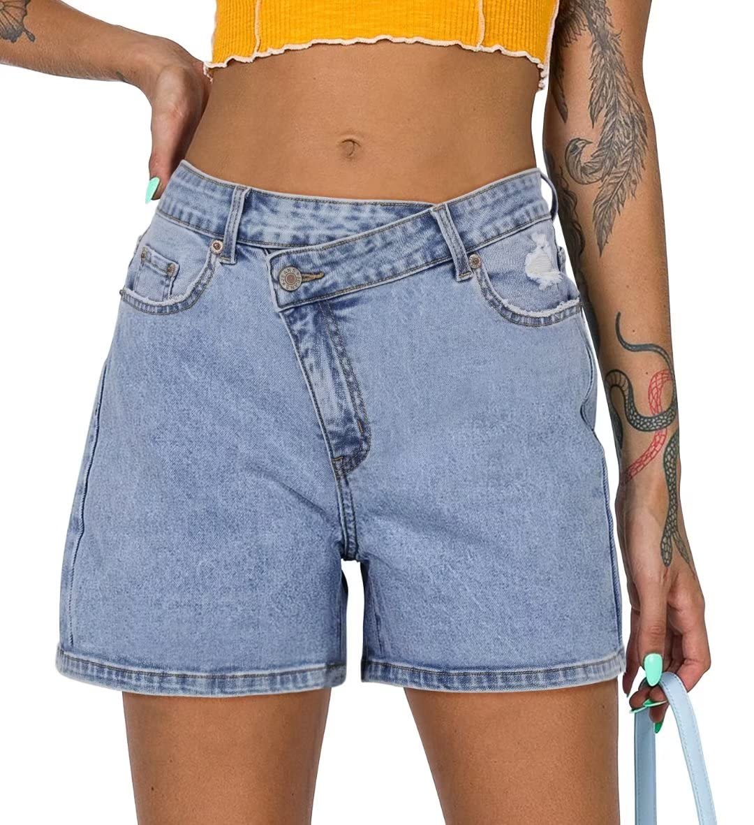 ZOLUCKY Women's Stretchy Denim Shorts - Mid Waist Crossover Jean Shorts for Juniors | Casual Summer Hot Shorts for Beach, Travel & Everyday Wear