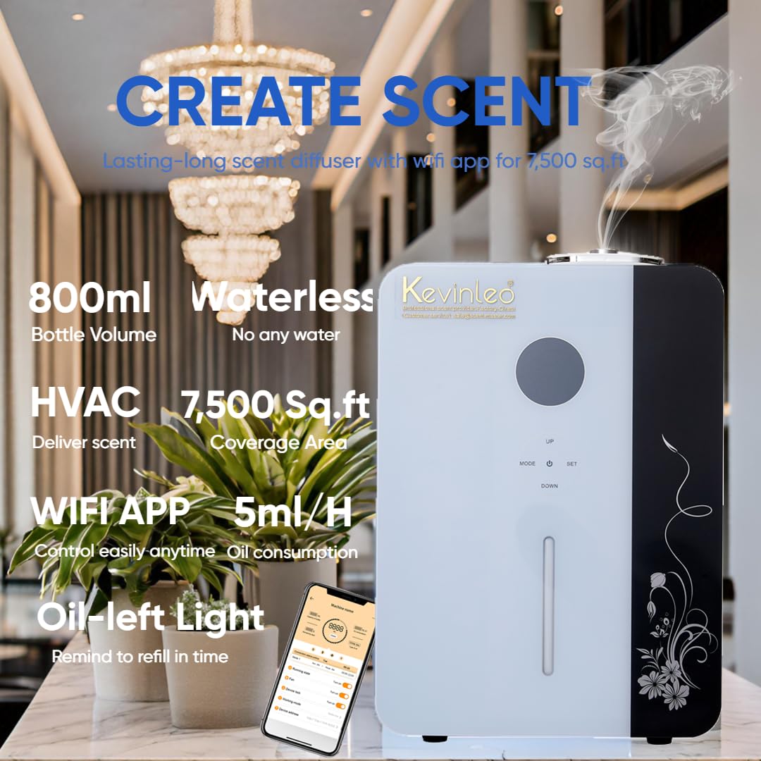 WiFi Oil Diffuser - 7500 Sq.ft HVAC Scent Diffuser with Cold Air Technology, 800ml Waterless Aromatherapy Nebulizer for Home, Office, Large Spaces | Long-Lasting Fragrance for Hotels, Spas, Yoga Studios & Meditation Rooms | Smart Home Scenting Solution for Relaxation & Stress Relief