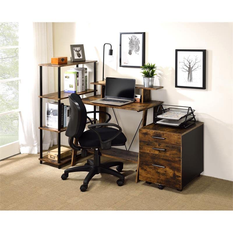Acme Nypho Wooden Writing Desk with 2 Shelves - Weathered Oak & Black Finish | Home Office, Study Room & Workspace Solution