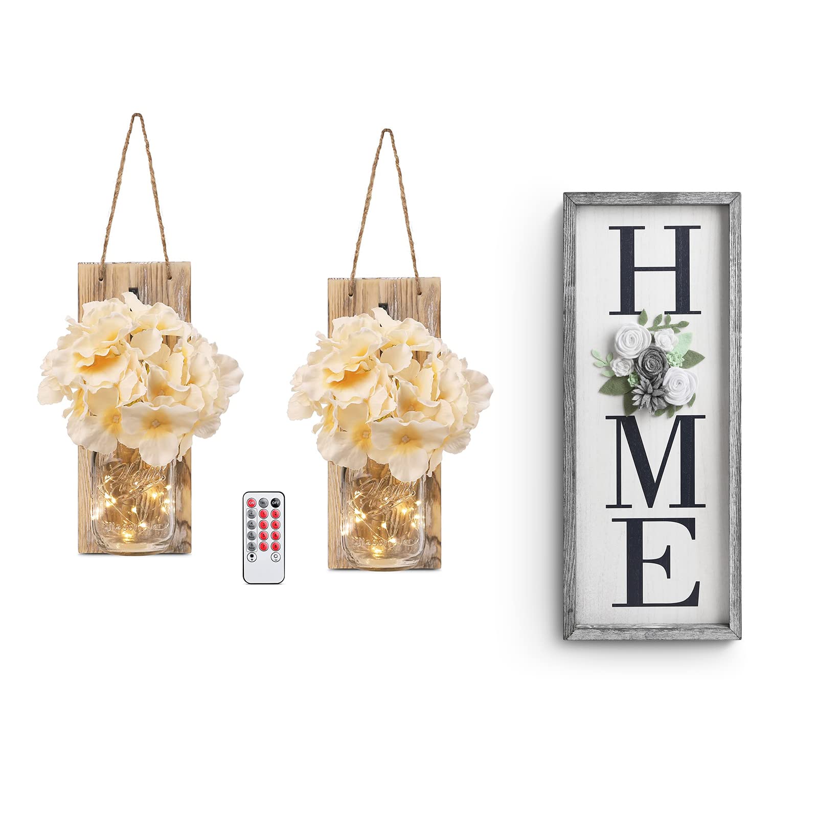 Vintage HOMKO Mason Jar Wall Decor with LED Fairy Lights & Felt Flowers - Rustic Home Sign for Farmhouse, Bedroom & Living Room Wall Hanging Decor