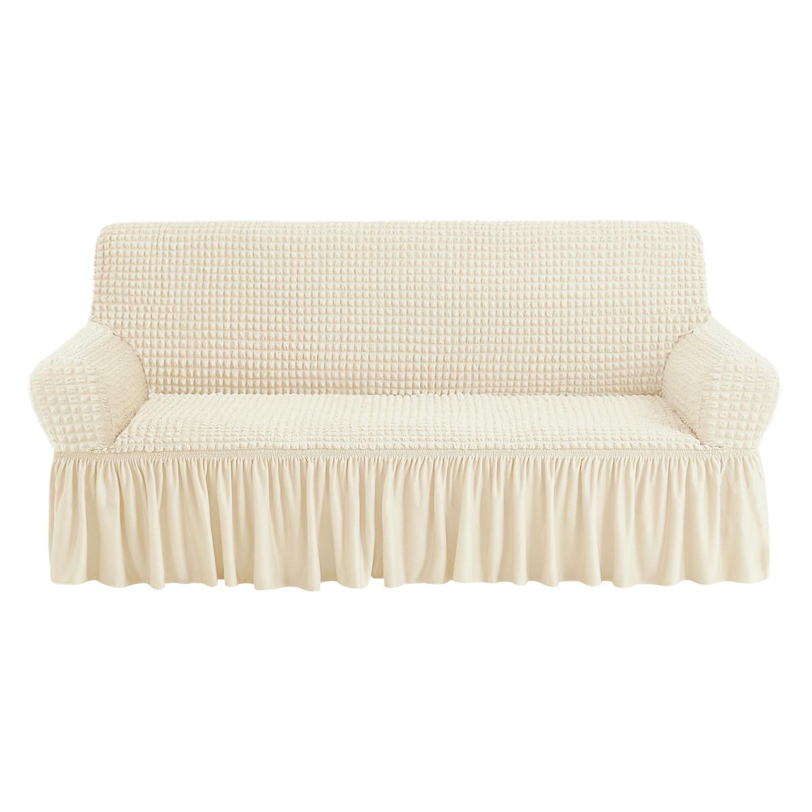 Washable Stretch Sofa Slipcover for 3-Cushion Couch - Beige Universal 3-Seat Furniture Protector with Skirt | Durable, Country Style Couch Cover | Perfect for Living Room, Family Room & Home Decor