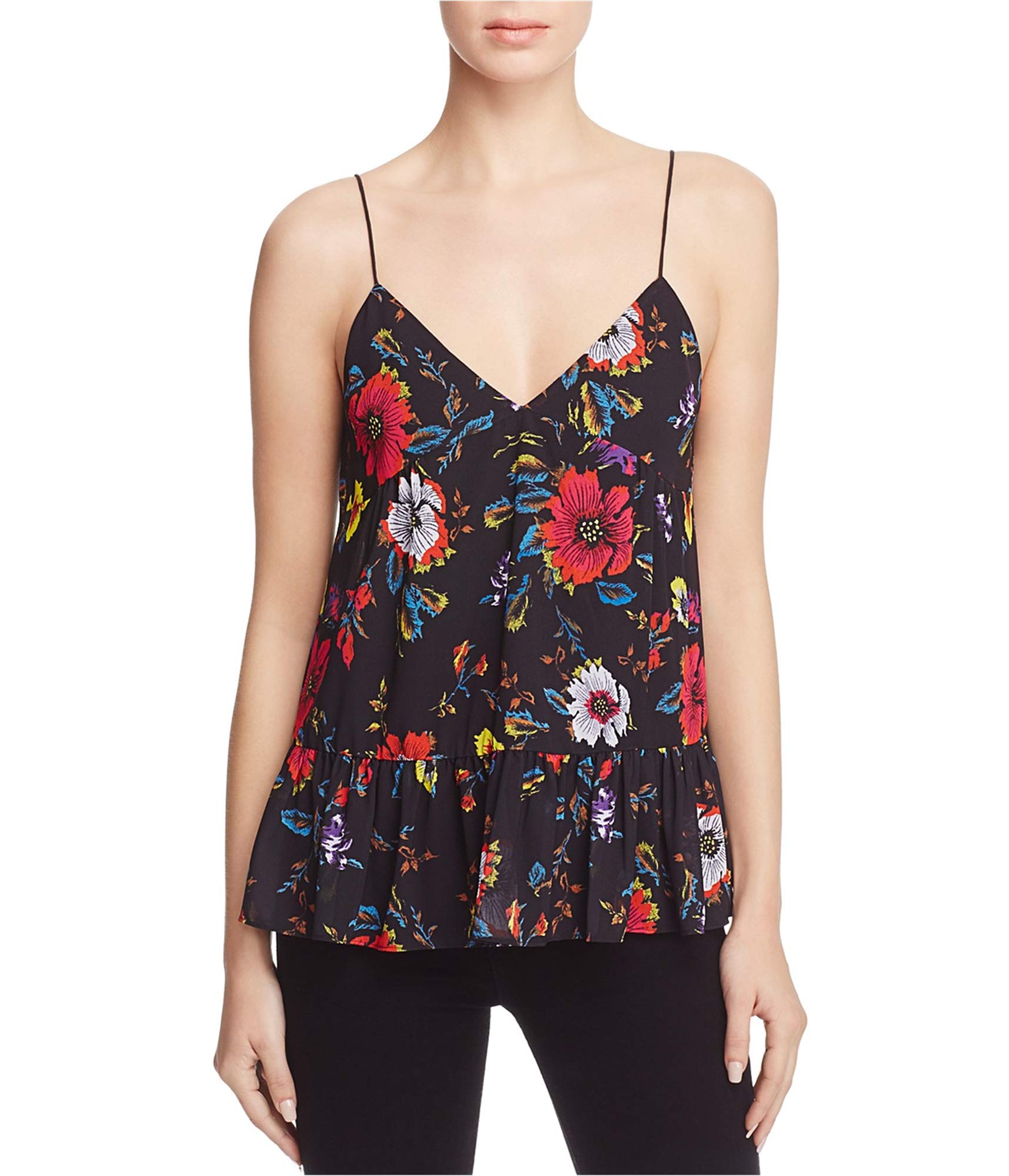 McQ Women's Ruffle Floral Cami Tank Top - Black, Size 44 | Summer Casual Wear, Beach Outfit, Layering Staple
