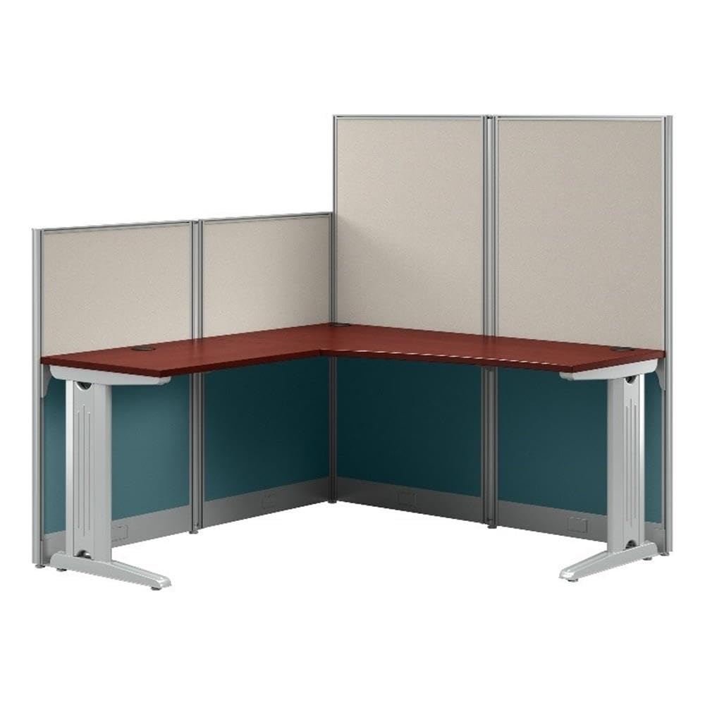 Bush Business Furniture 3-Person L-Shaped Office Cubicle Desk Set with Storage Drawers & Organizers - Hansen Cherry Finish | Triple Workstation with Privacy Panels for Commercial Workspace | Perfect for Team Collaboration, Shared Office Spaces & Call Centers