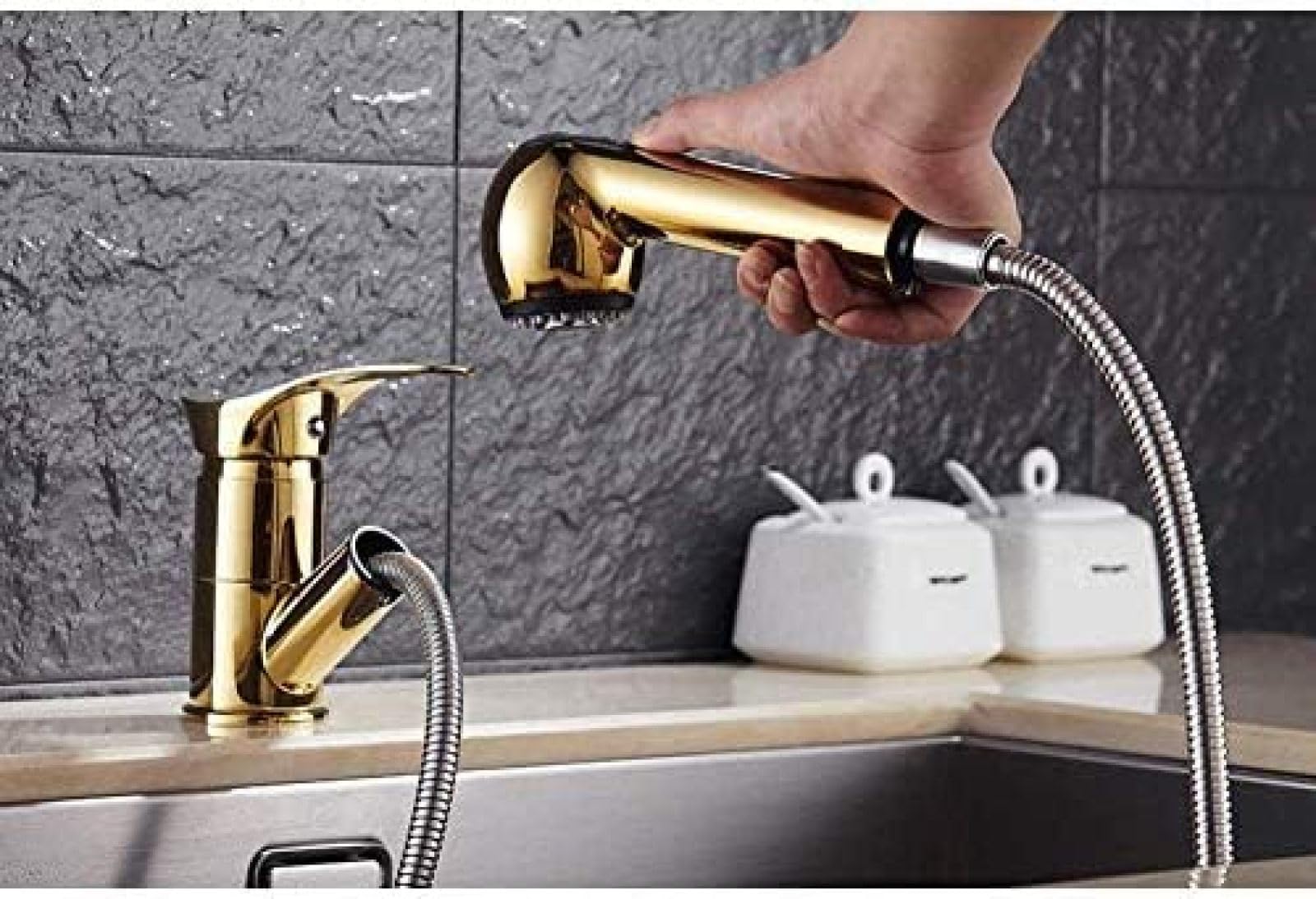 CRJUS 360-Degree Swivel Pull-Out Kitchen Faucet - Polished Black Water-Saving Brass Sink Mixer Tap with Sprayer | Perfect for Modern Kitchens, Washing Dishes & Food Prep